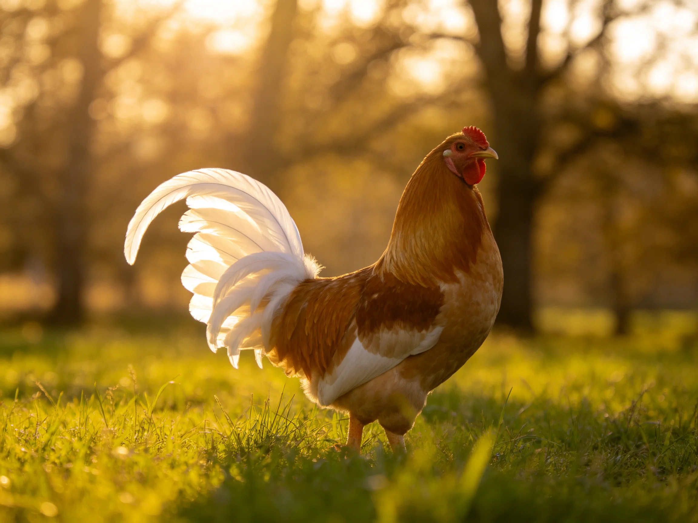A rooster stands on sunlit grass with trees in the background.