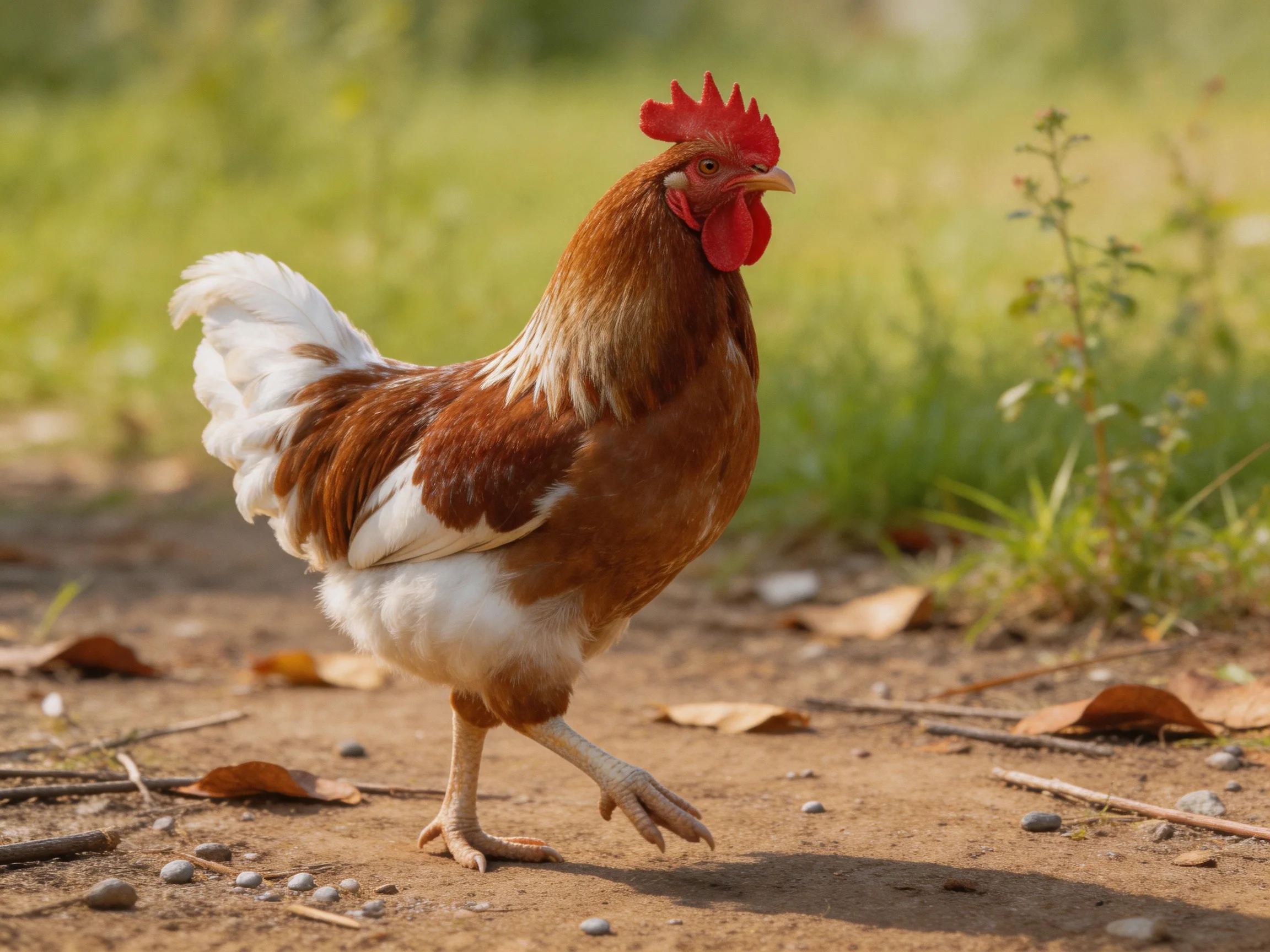 A brown and white rooster walks on a dirt path near greenery