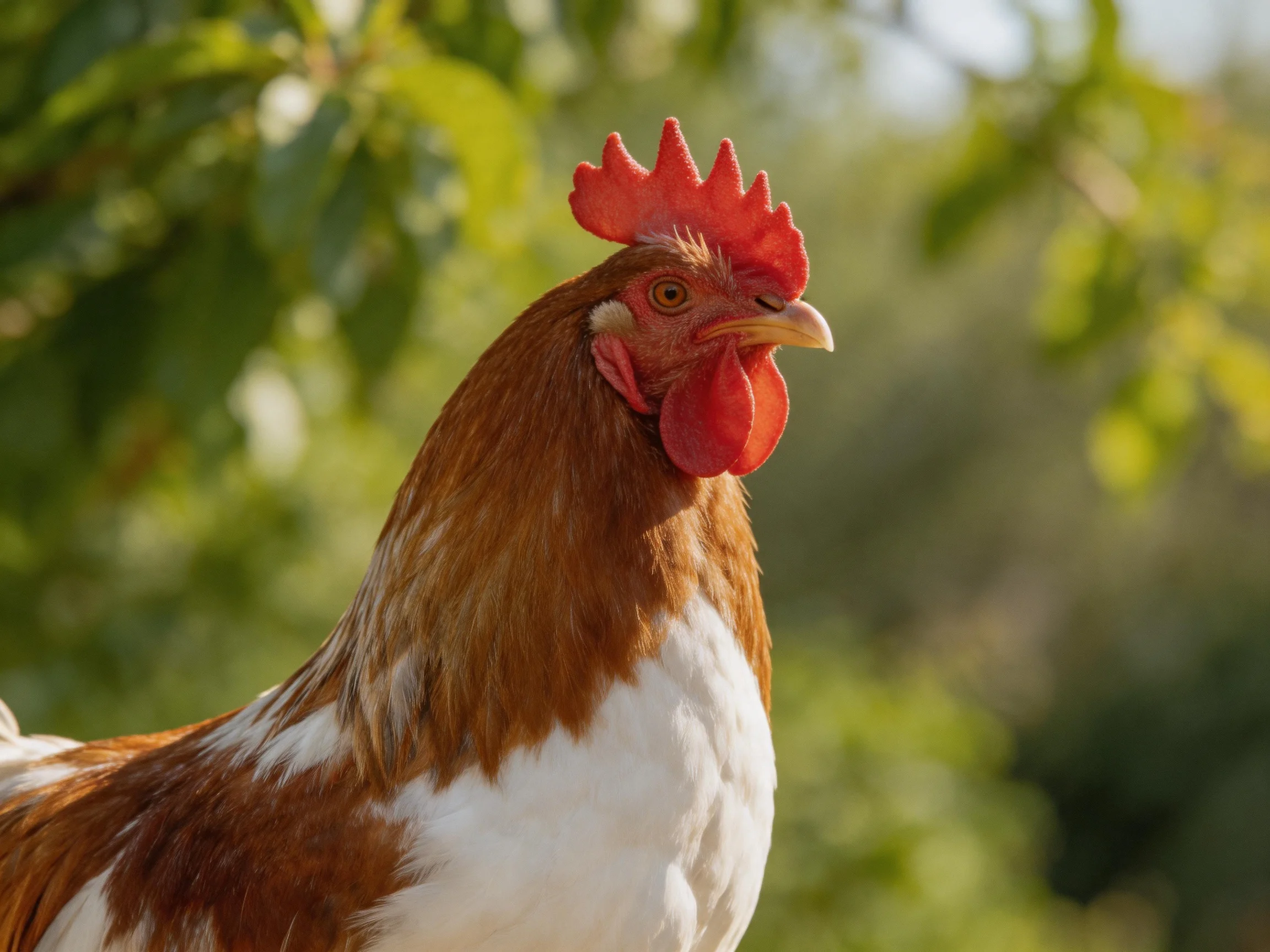 A brown and white rooster stands near green foliage in an outdoor environment.