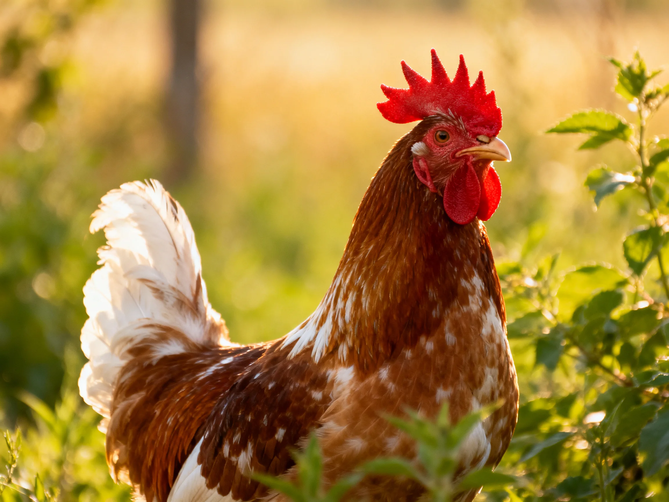 A rooster stands among greenery in a sunlit outdoor area.
