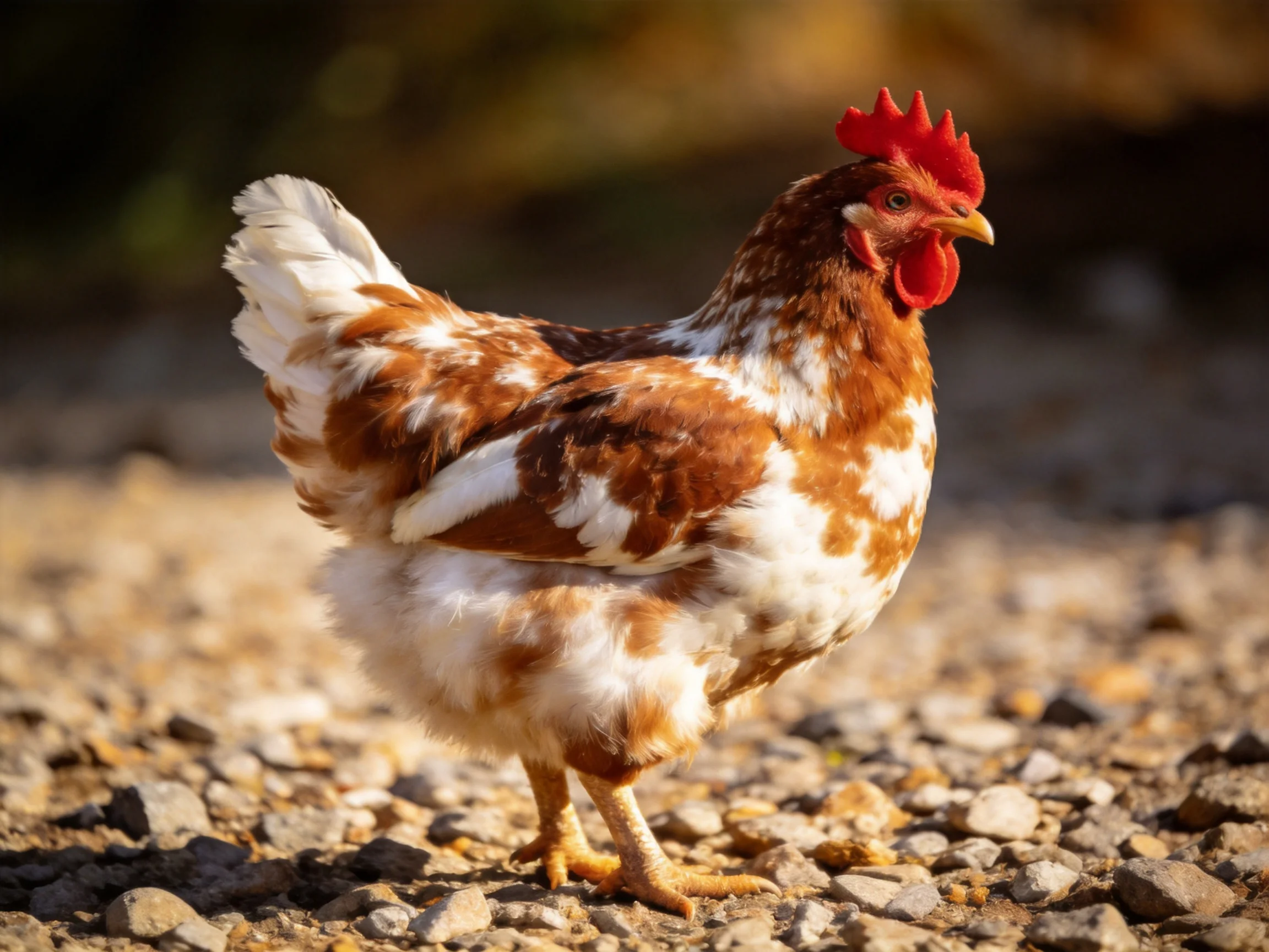 A brown and white speckled hen stands on a gravel path