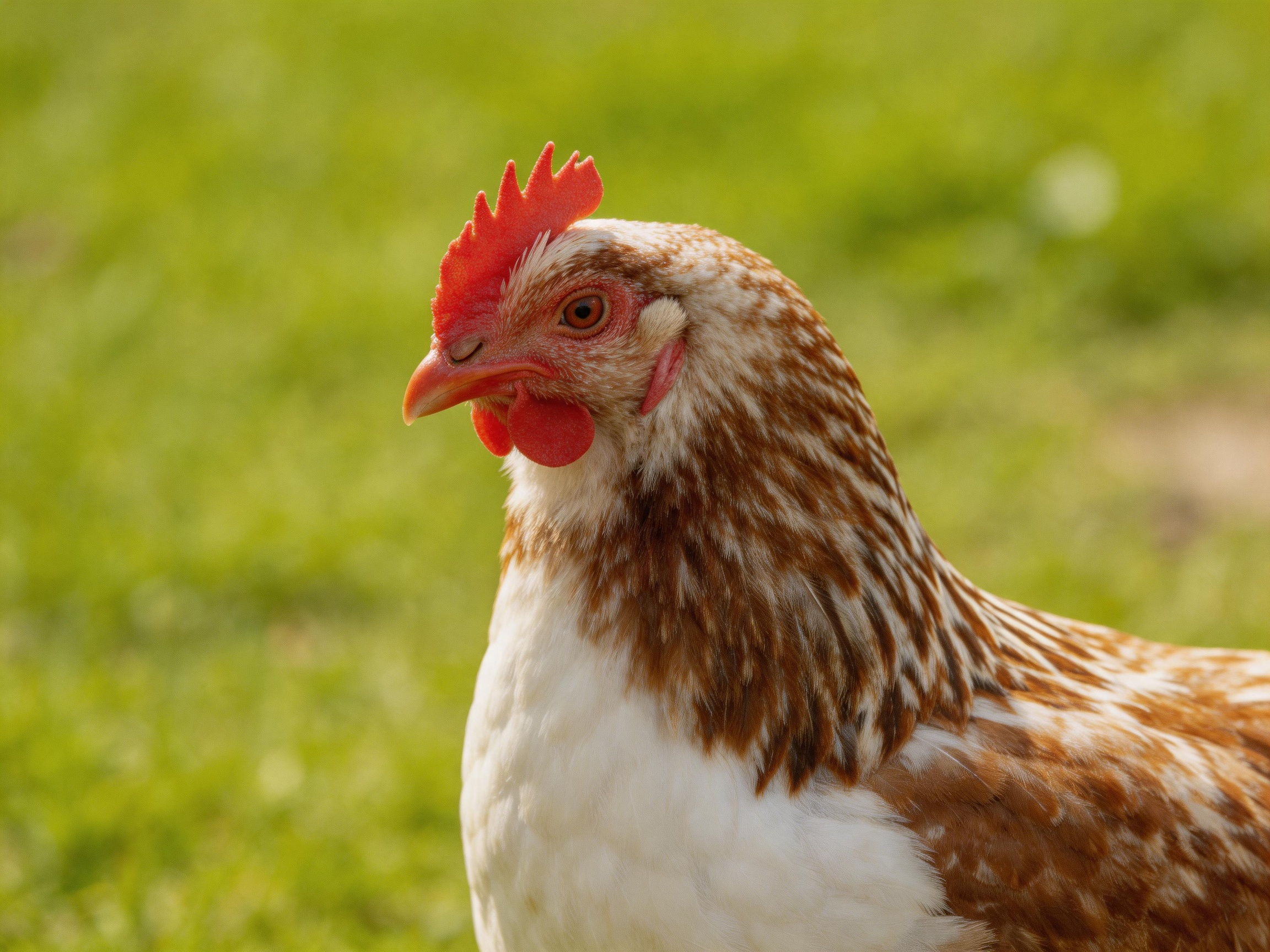 A brown and white speckled hen with vibrant red comb on lush green grass