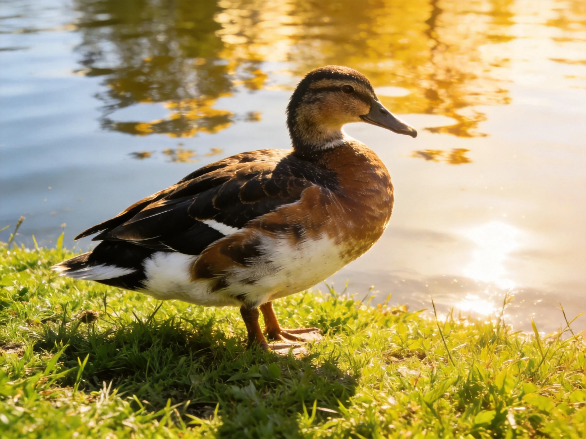 A brown, black, and white duck on green grass beside reflective water under golden light