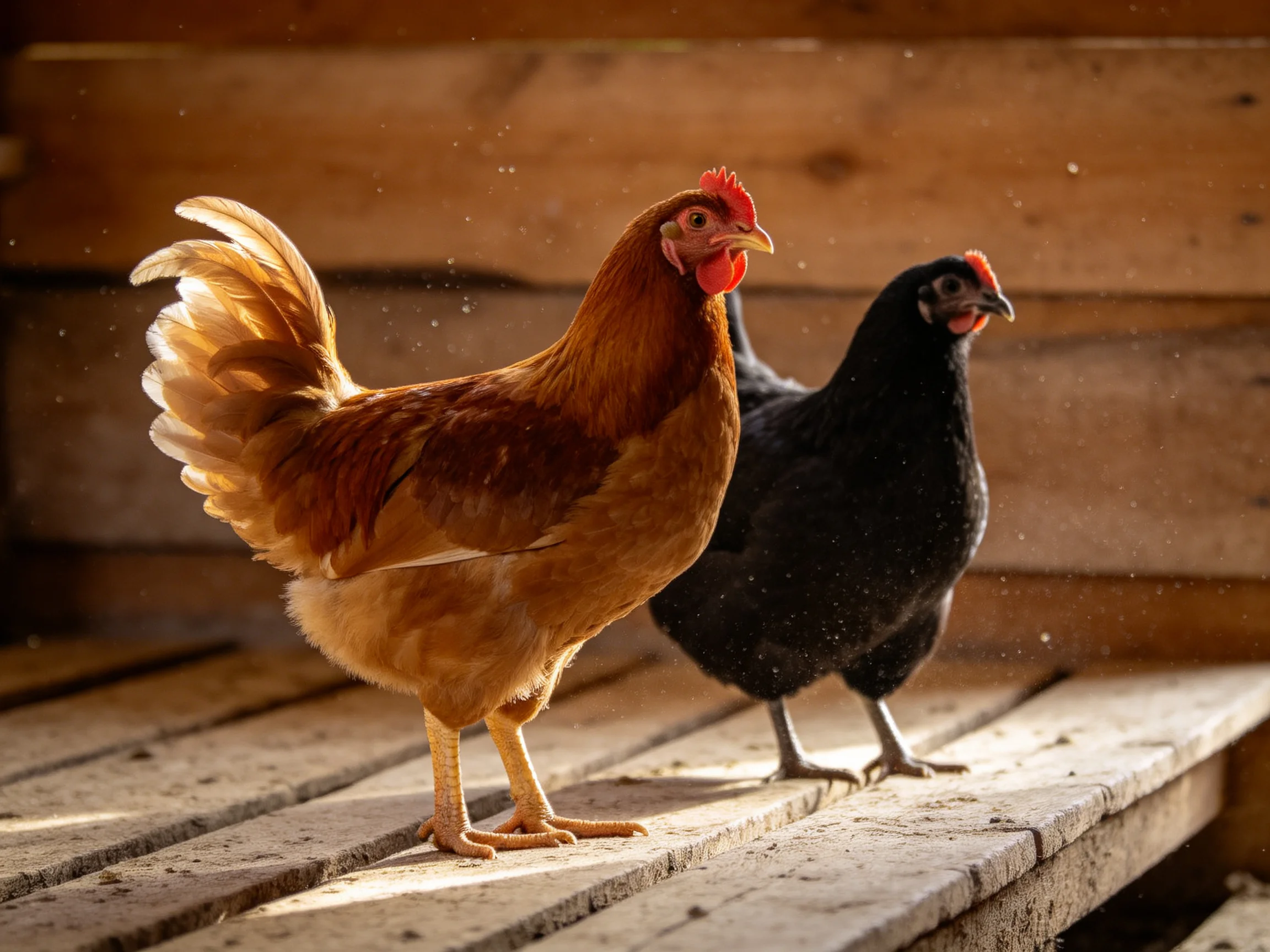 A brown chicken and a black chicken stand on a wooden ledge near a wooden wall