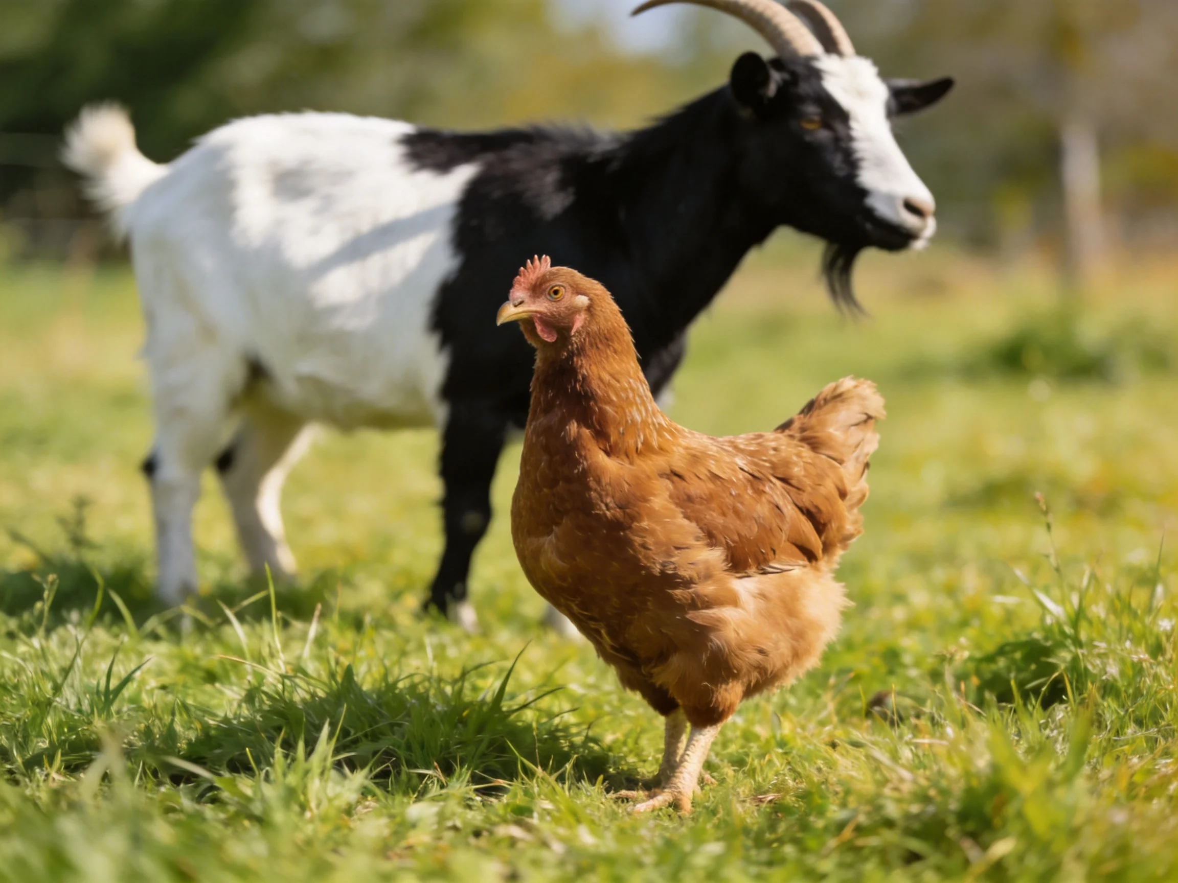 A brown chicken and a black - white goat in a sunlit grassy field