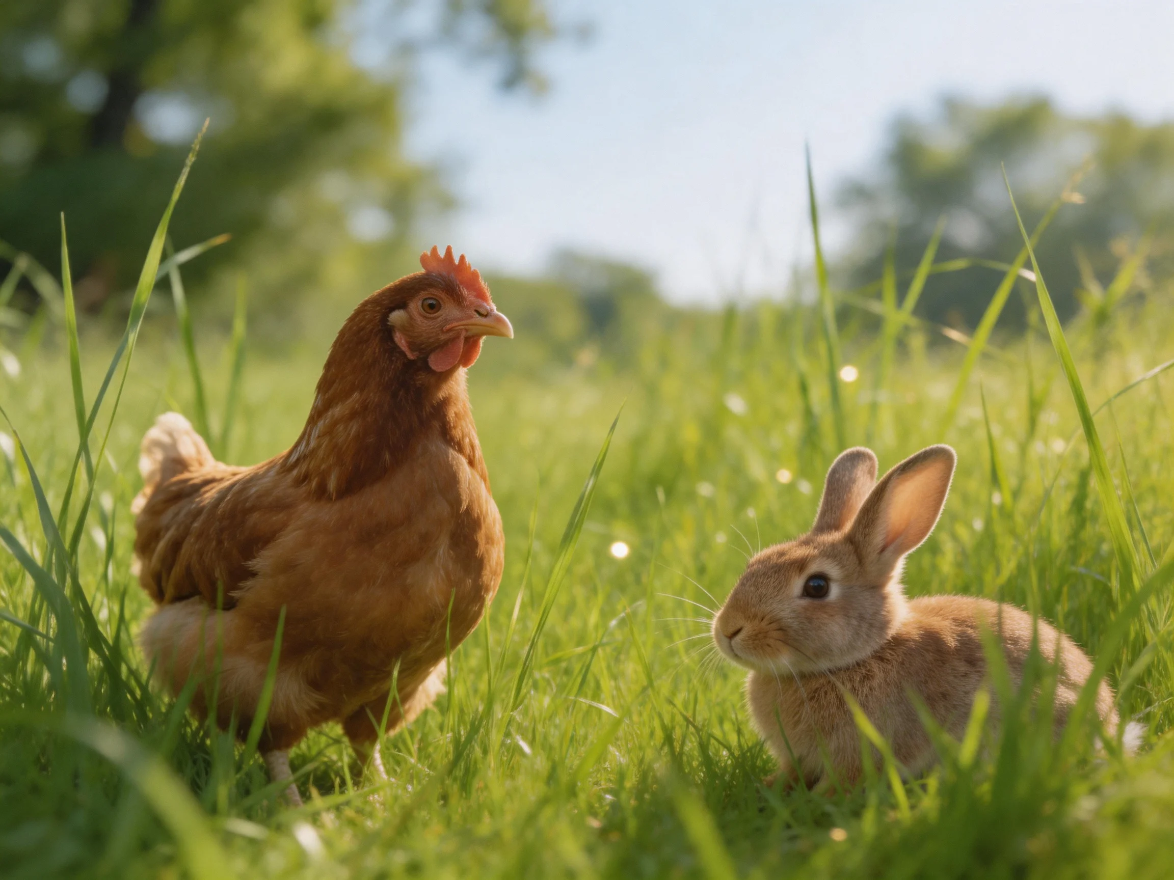 A brown chicken and light brown rabbit in lush green grass