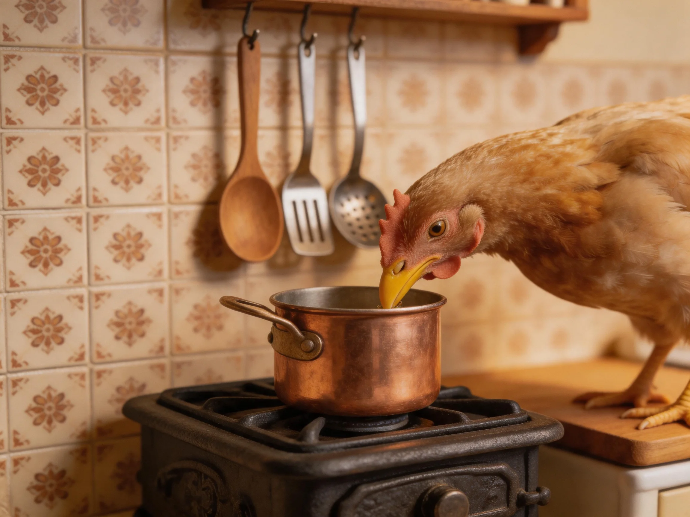 A brown chicken drinks from a copper pot on an old-fashioned stove in a tiled kitchen