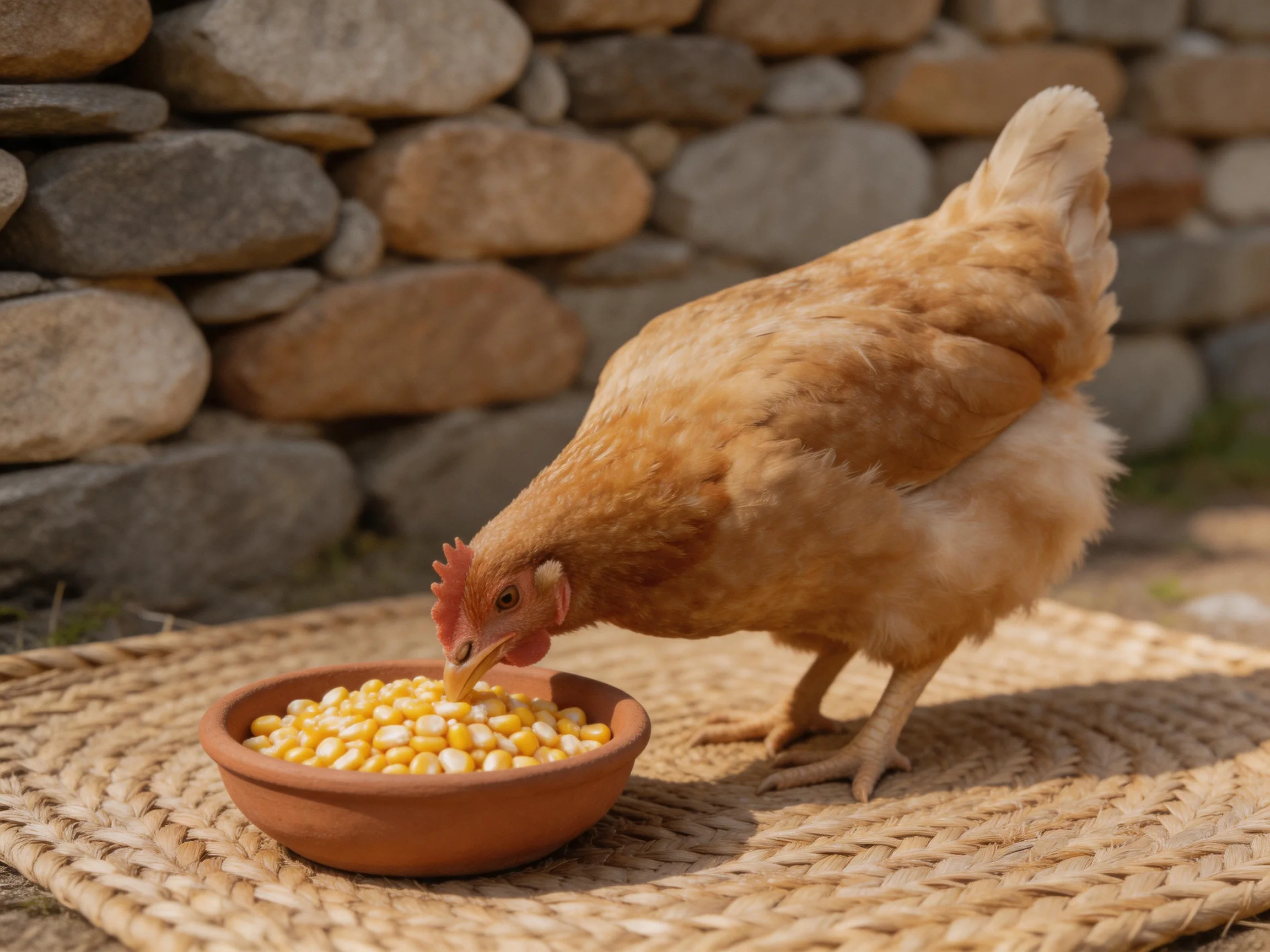 A brown chicken eats corn from a terracotta bowl on a woven mat near a stone wall