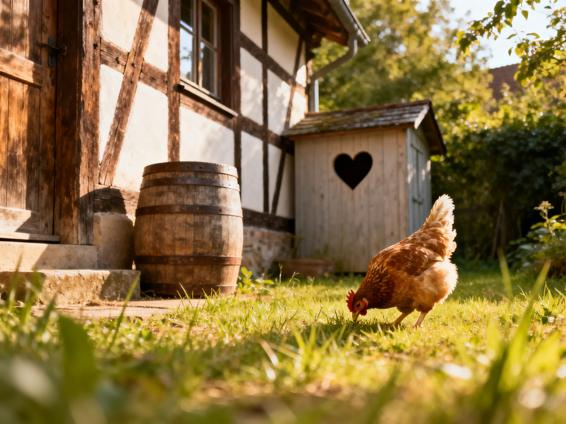 A brown chicken forages near a timber-framed house with a wooden barrel and heart outhouse