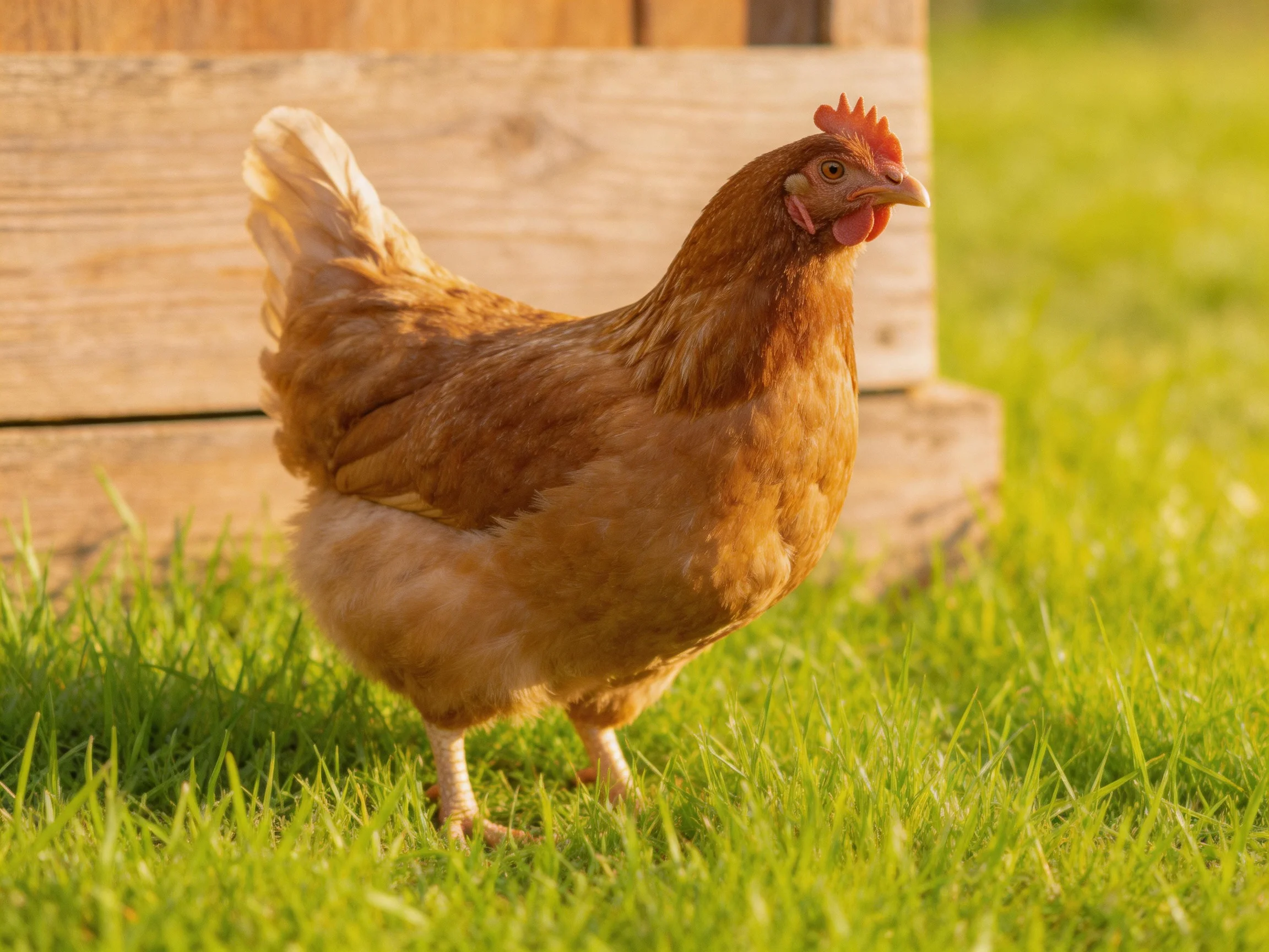 A brown chicken on lush green grass near a wooden structure