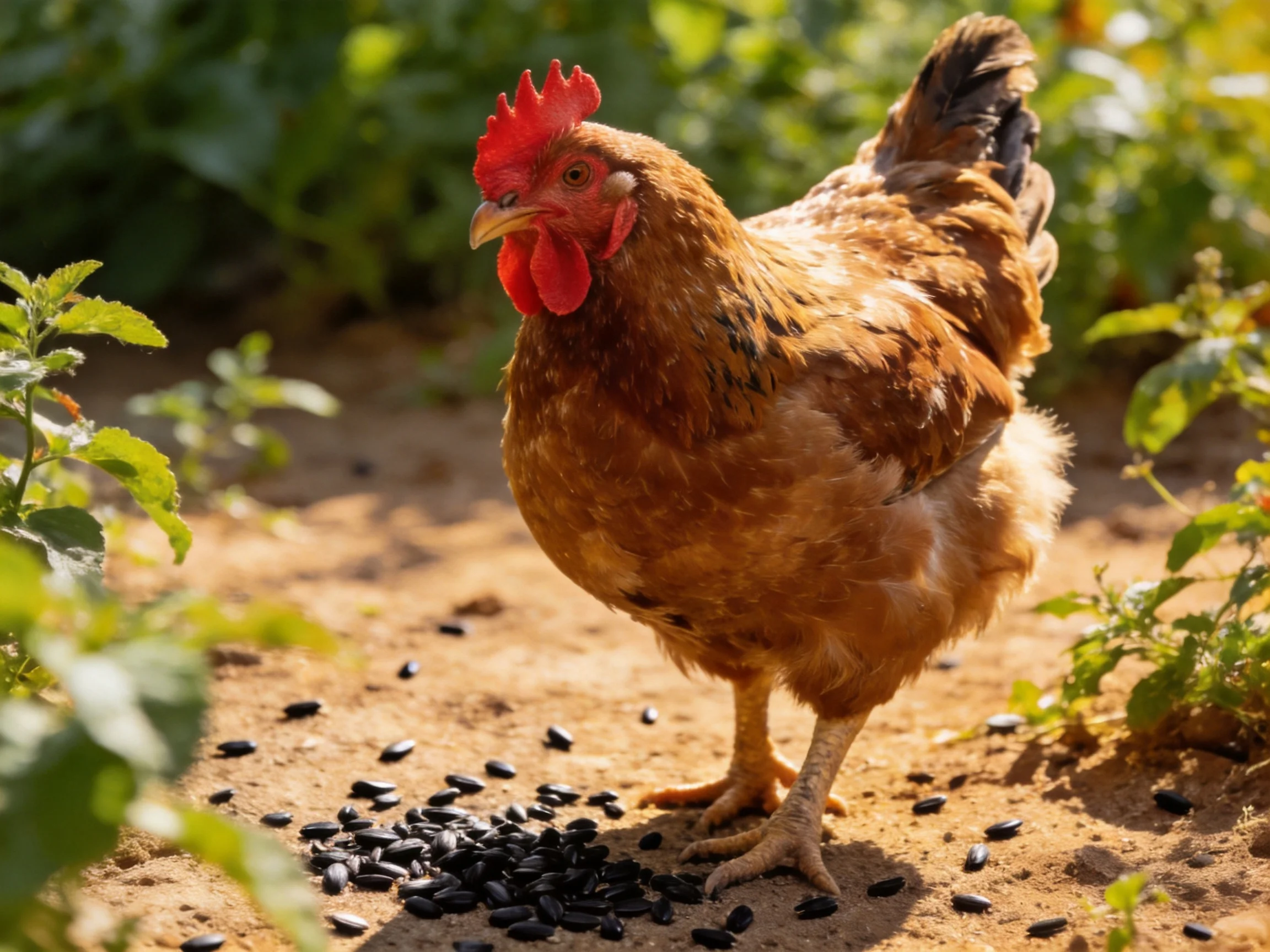 A brown chicken stands among scattered black seeds near green foliage