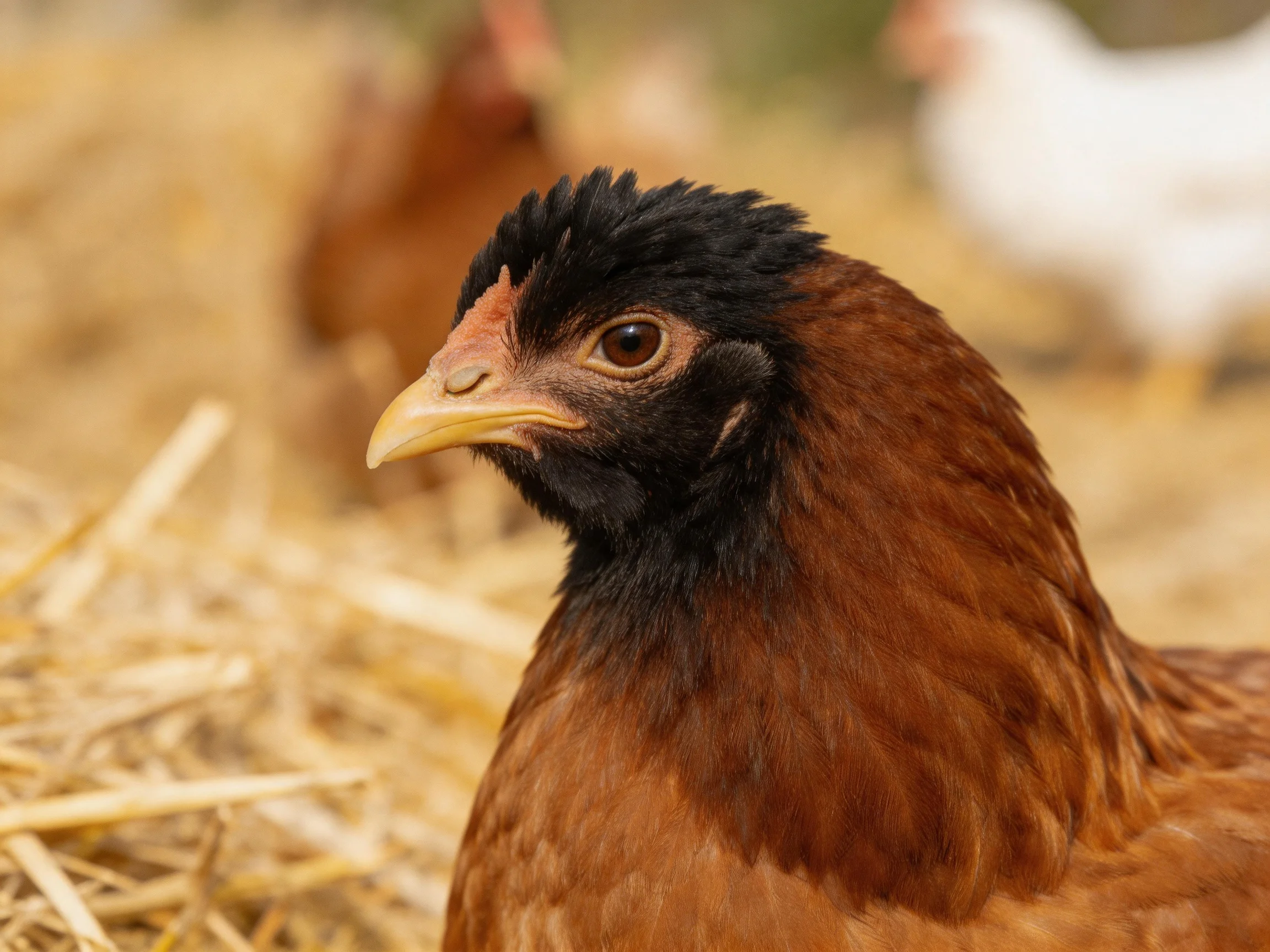 A brown chicken with a black head rests near straw bedding