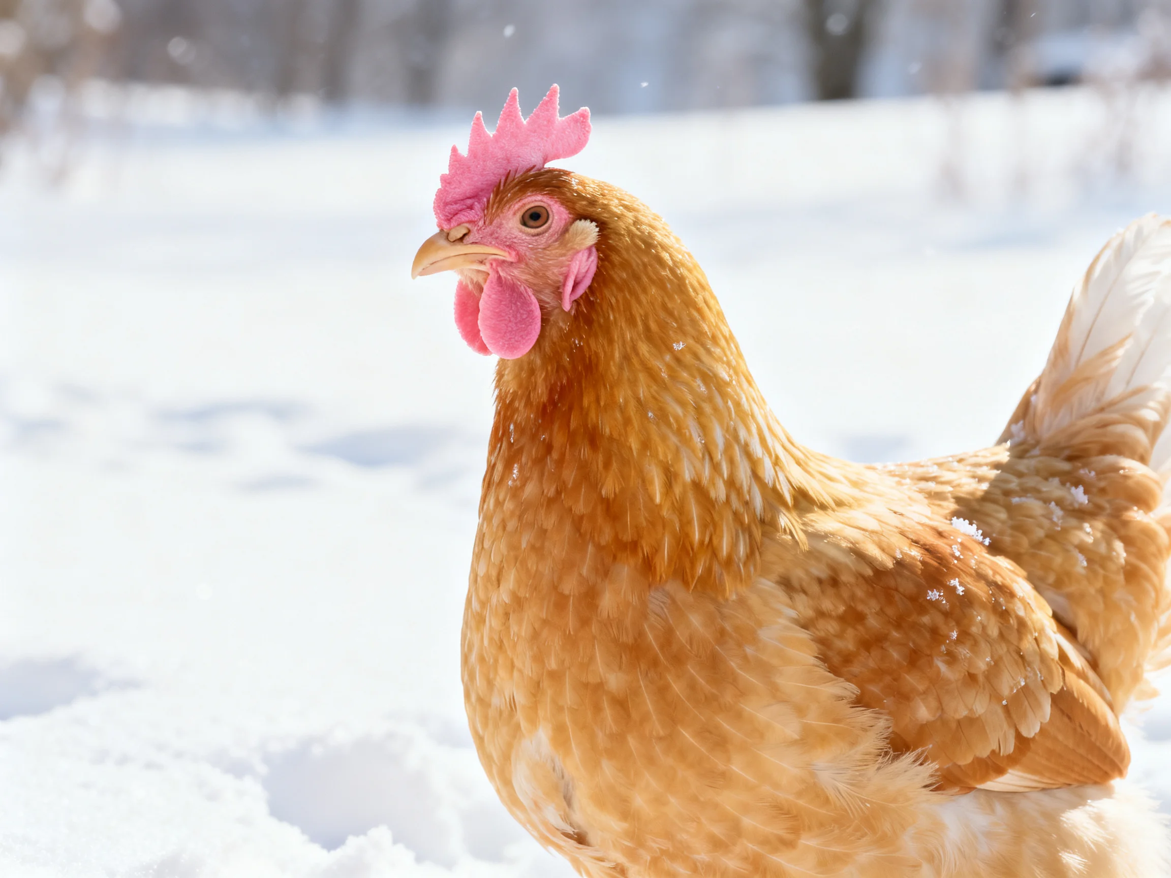 A brown chicken with pink comb in snowy landscape