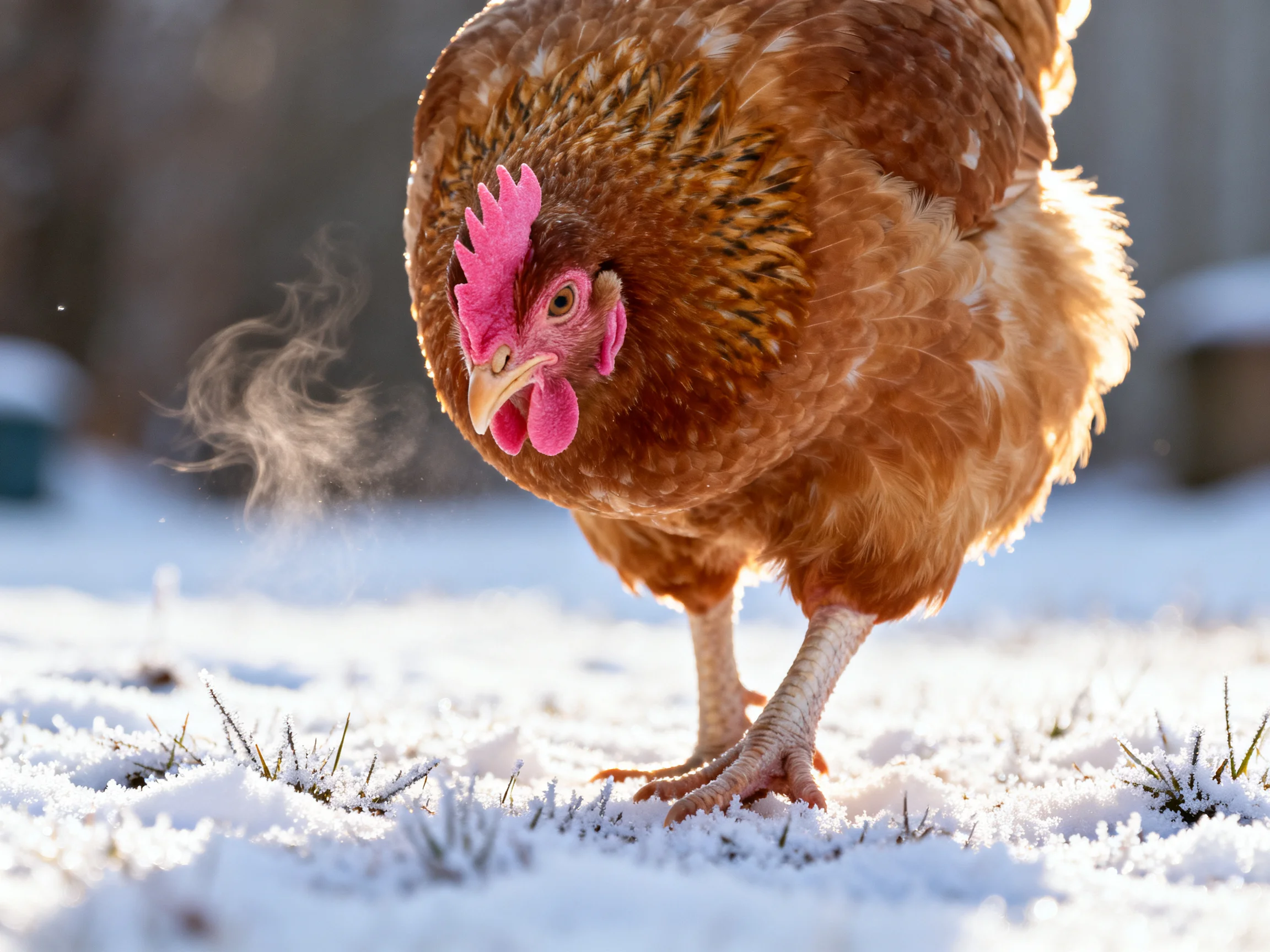A brown chicken with a pink comb walks on snow-laden ground.