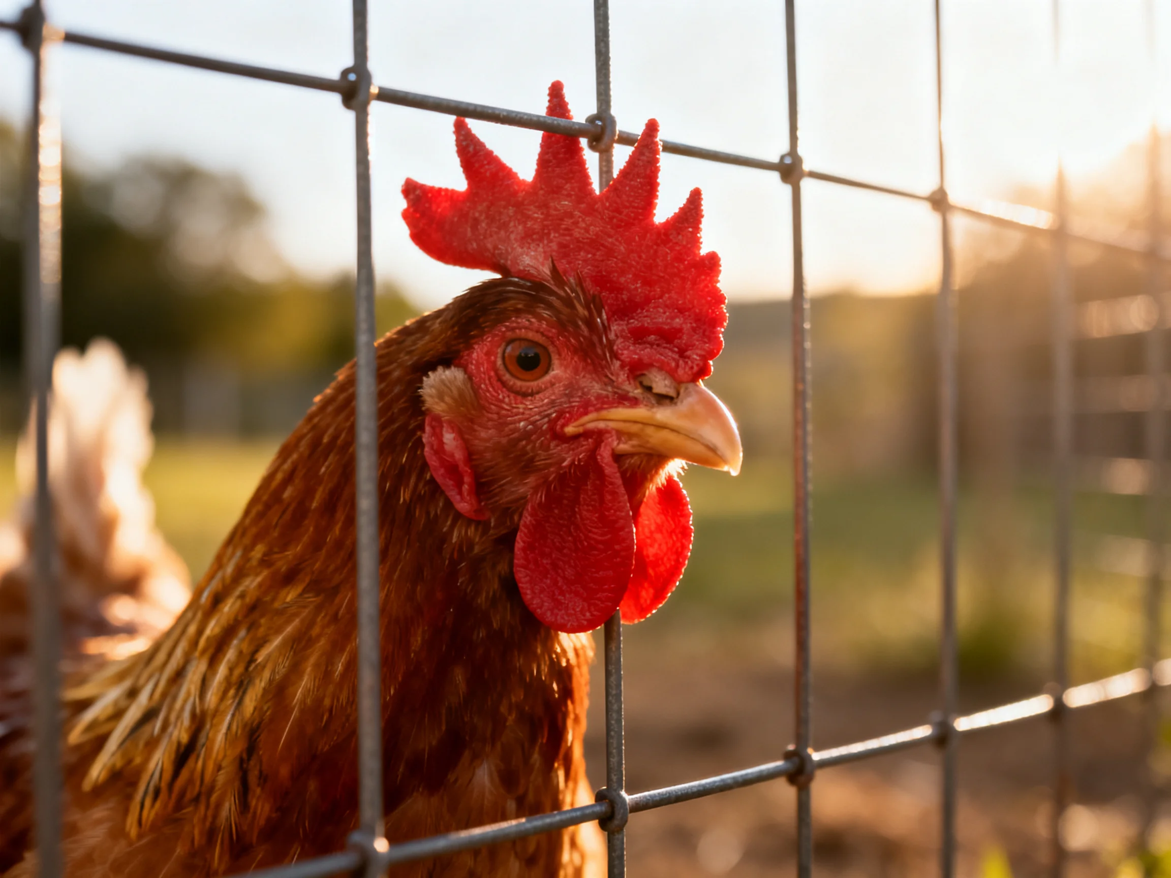 A brown chicken stands near a metal fence in an outdoor setting.