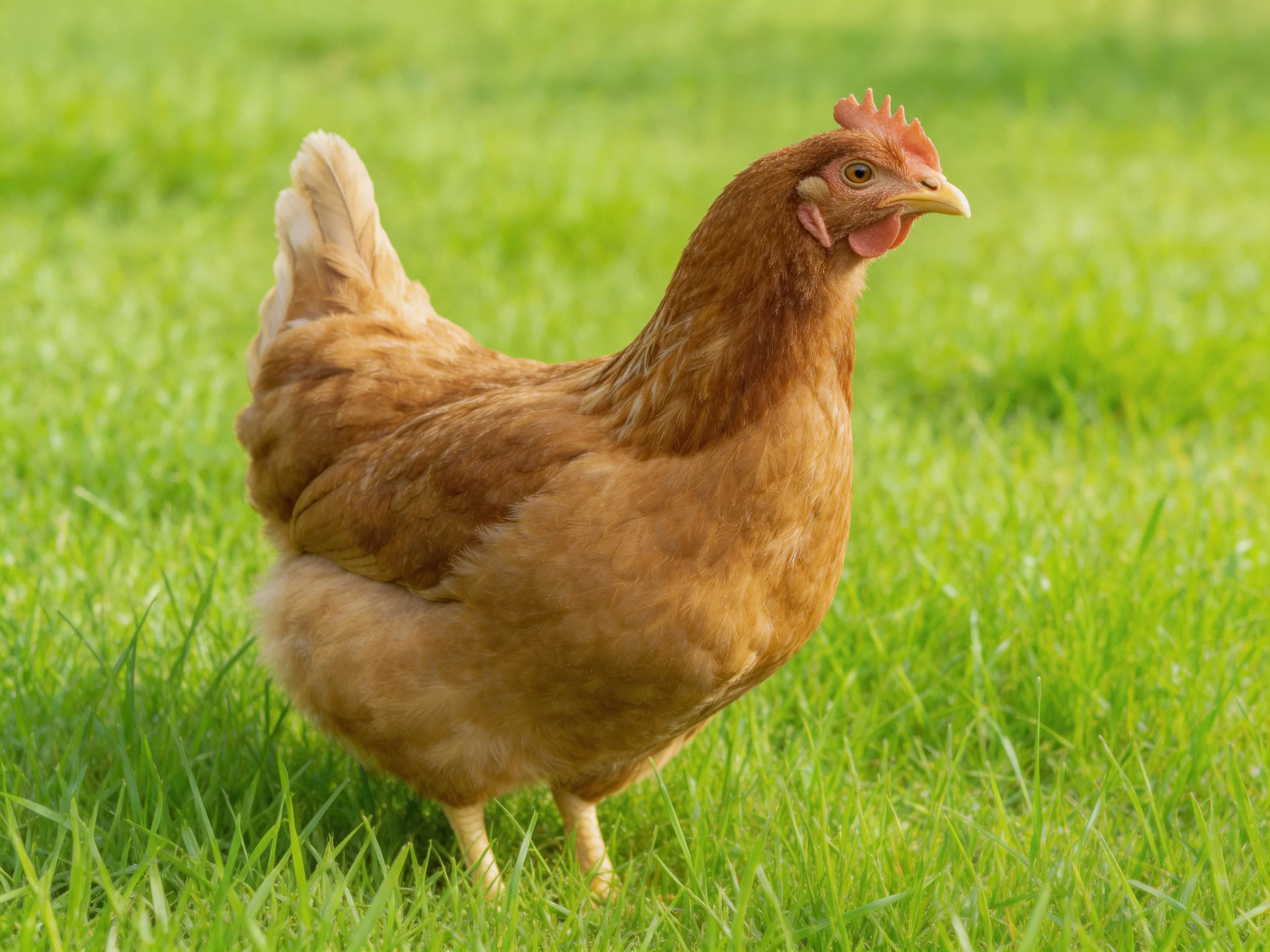 A brown chicken stands on green grass.