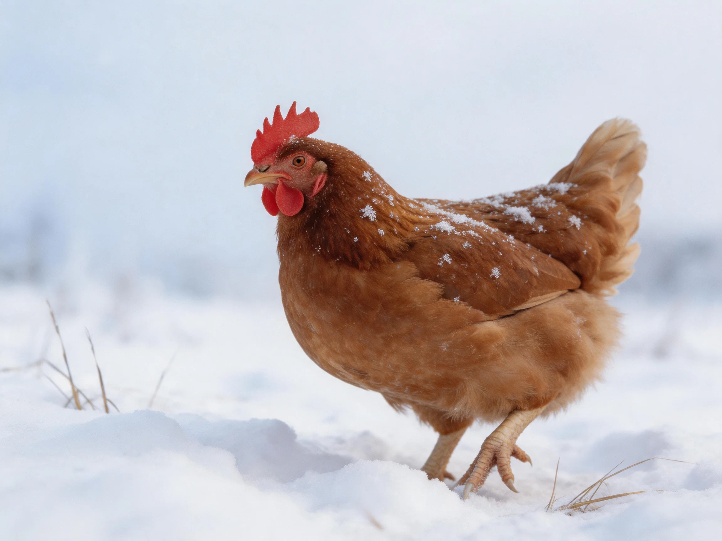 A brown chicken with red comb walks through a snowy field with snow on its feathers