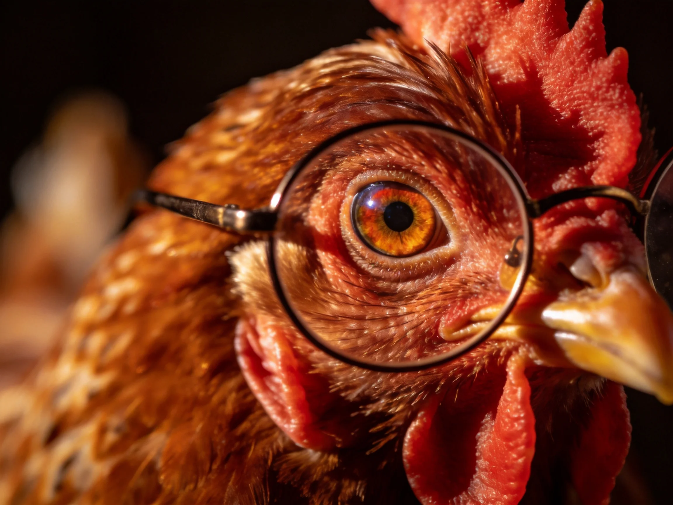 A brown chicken with round eyeglasses, detailed plumage
