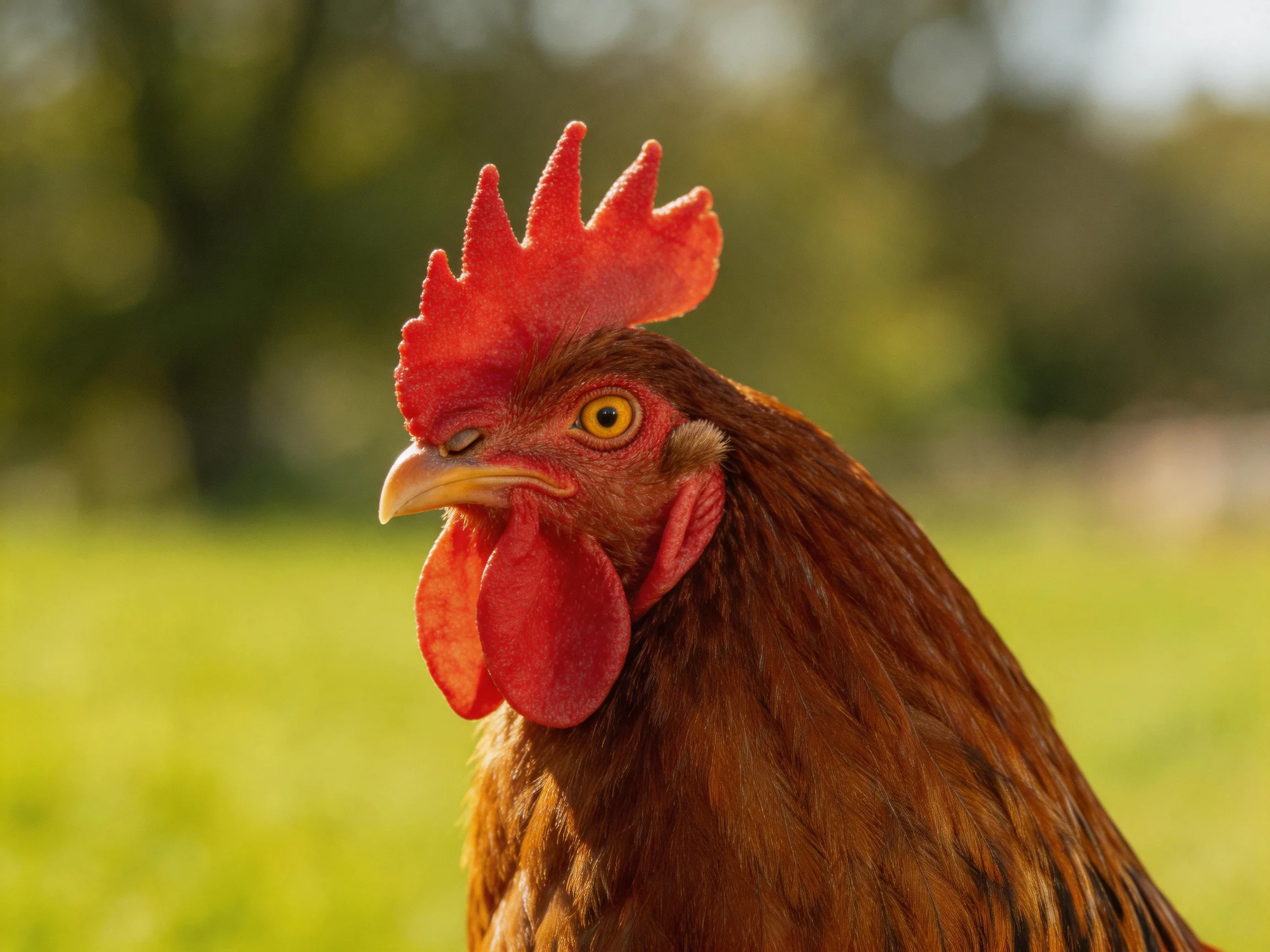 A close - up of a brown chicken with red facial features in a sunny field.