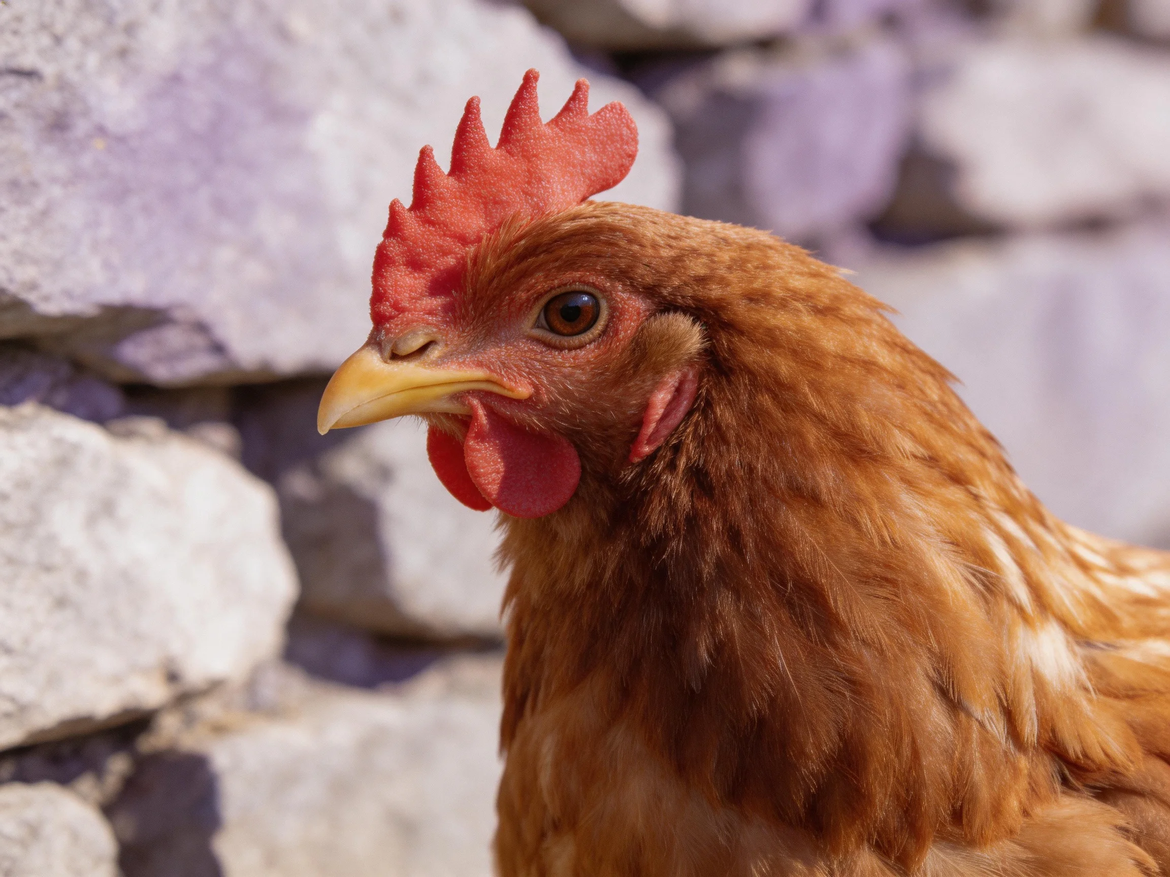 A brown chicken with vibrant red comb beside a gray stone wall