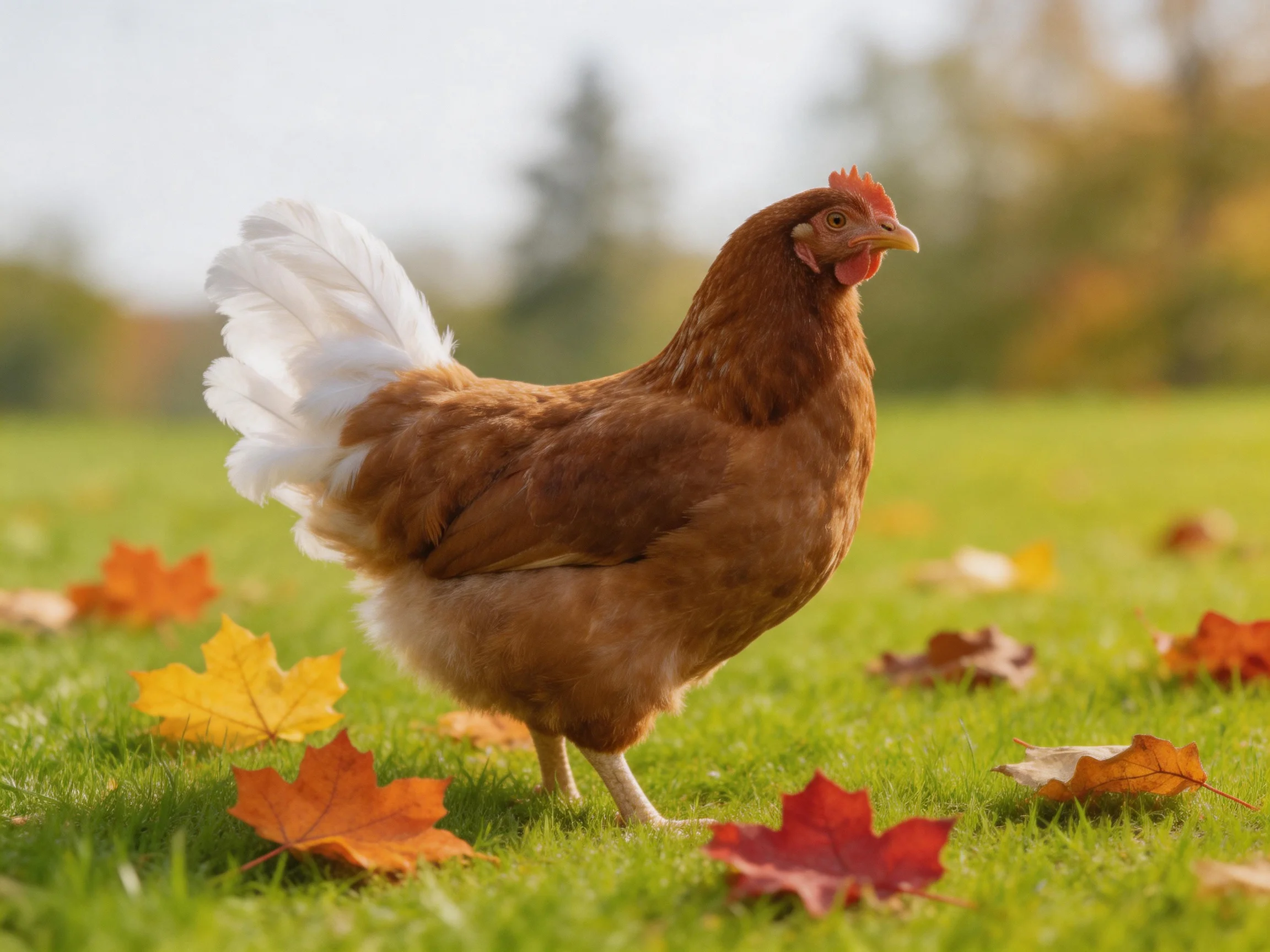 A brown chicken with white tail feathers stands among colorful autumn leaves on green grass