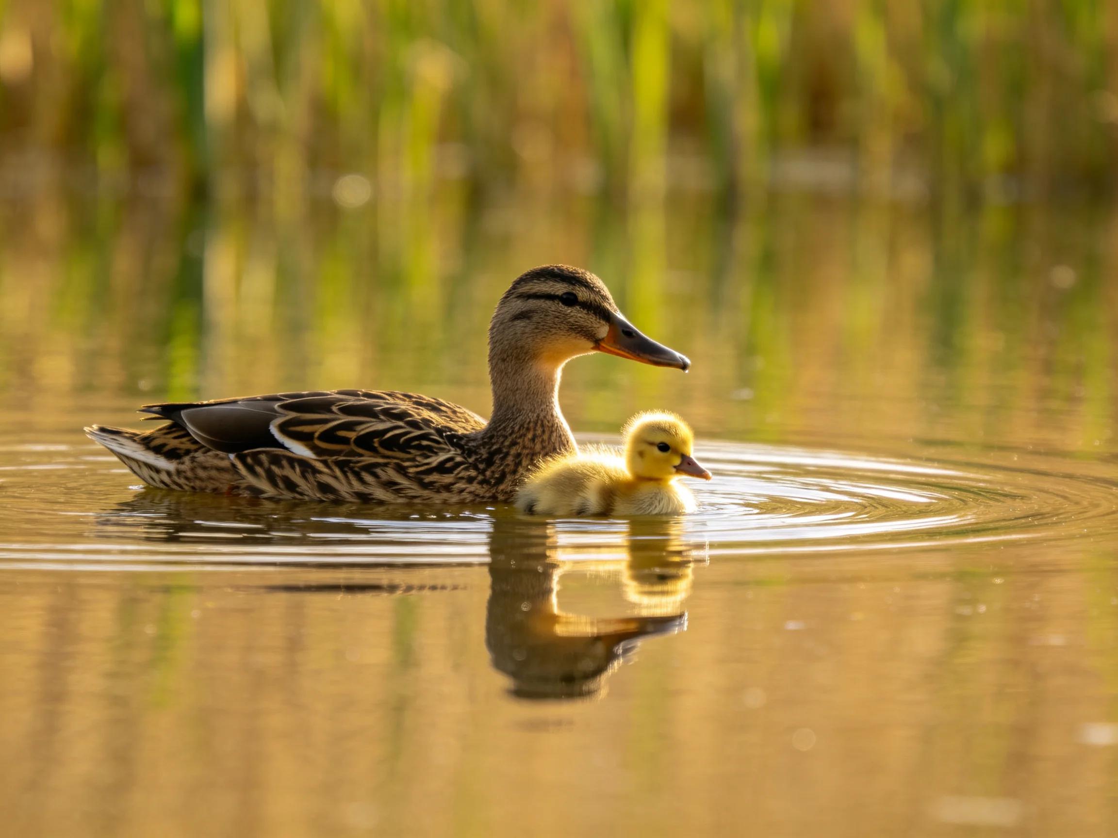 A brown duck and yellow duckling swim in calm water near green reeds