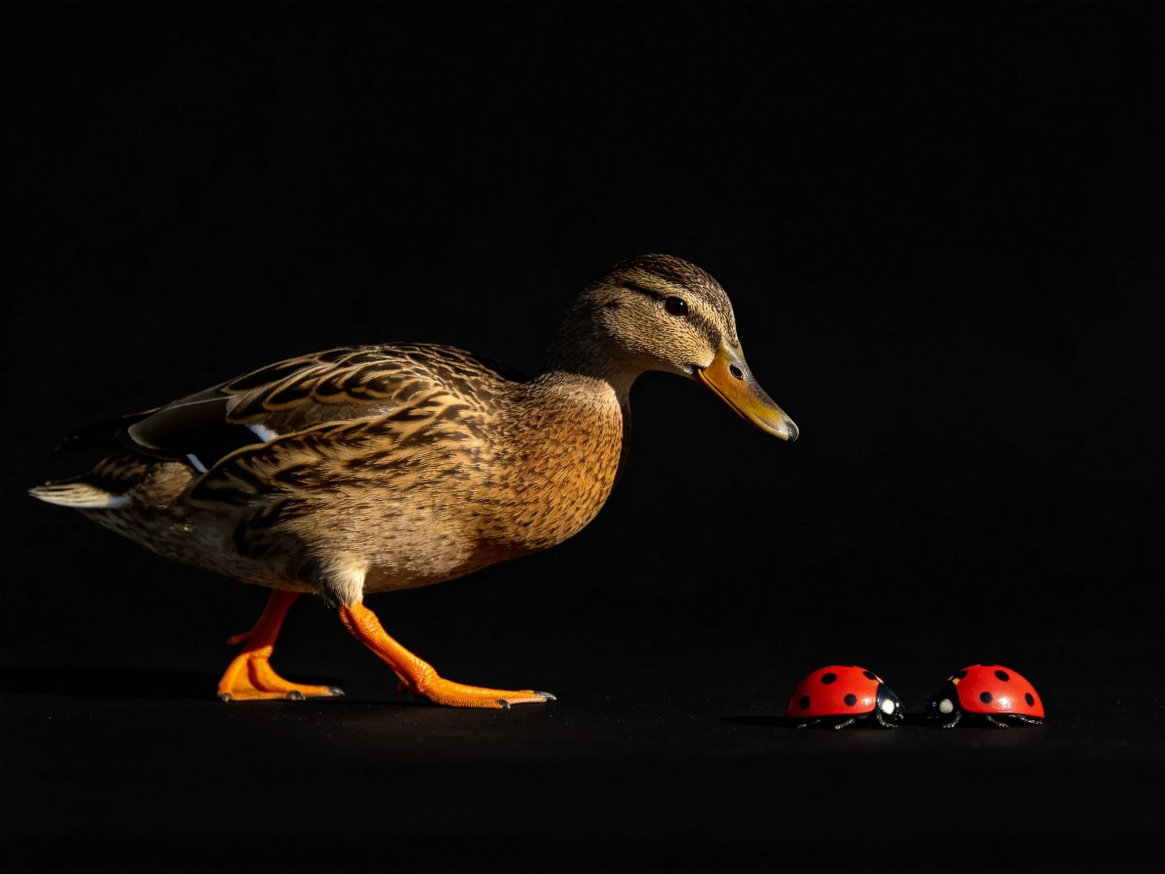 A brown duck approaches two red ladybug toys on a black background