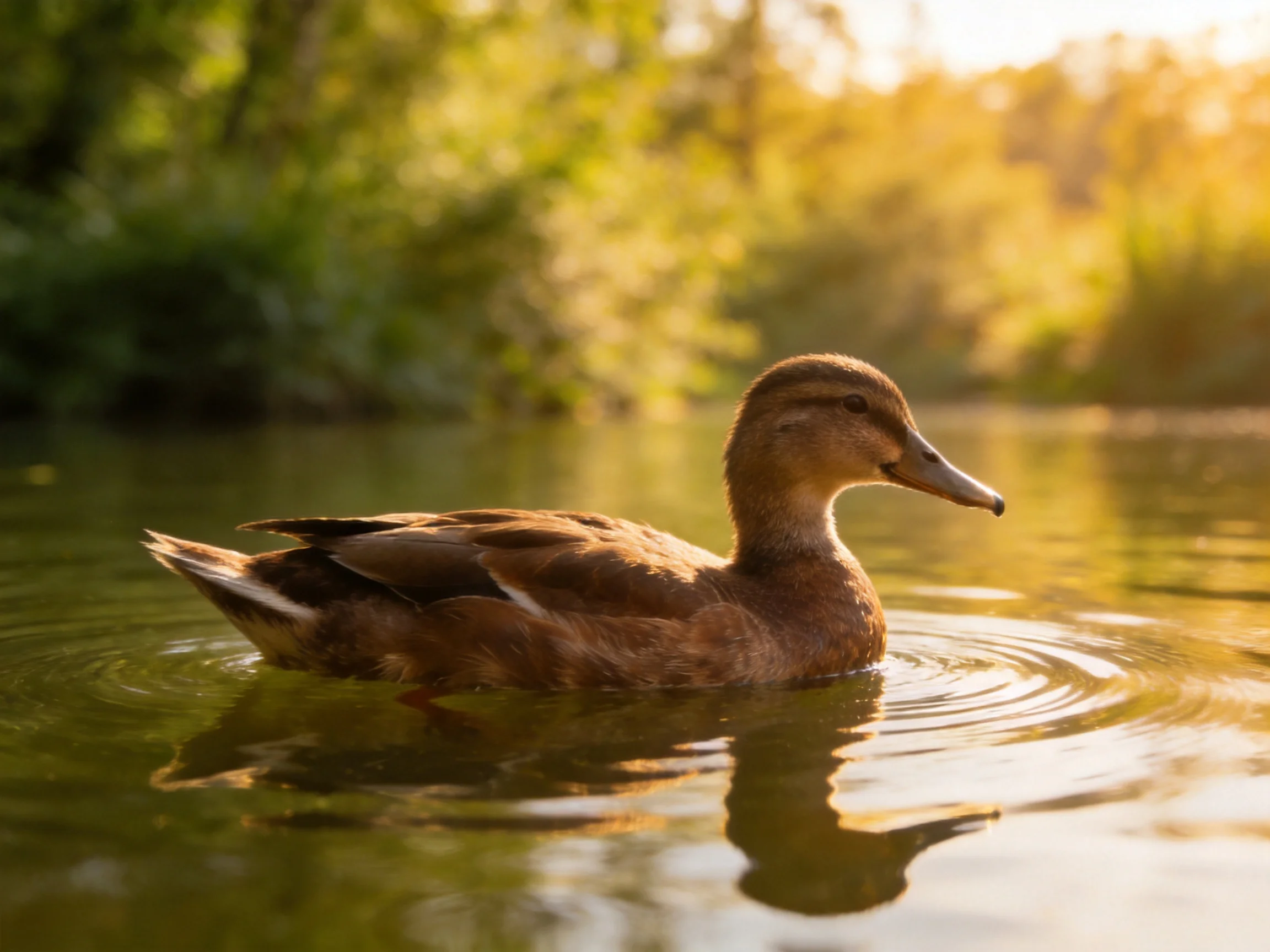 A brown duck floats on calm water with golden sunlight reflecting off the surface