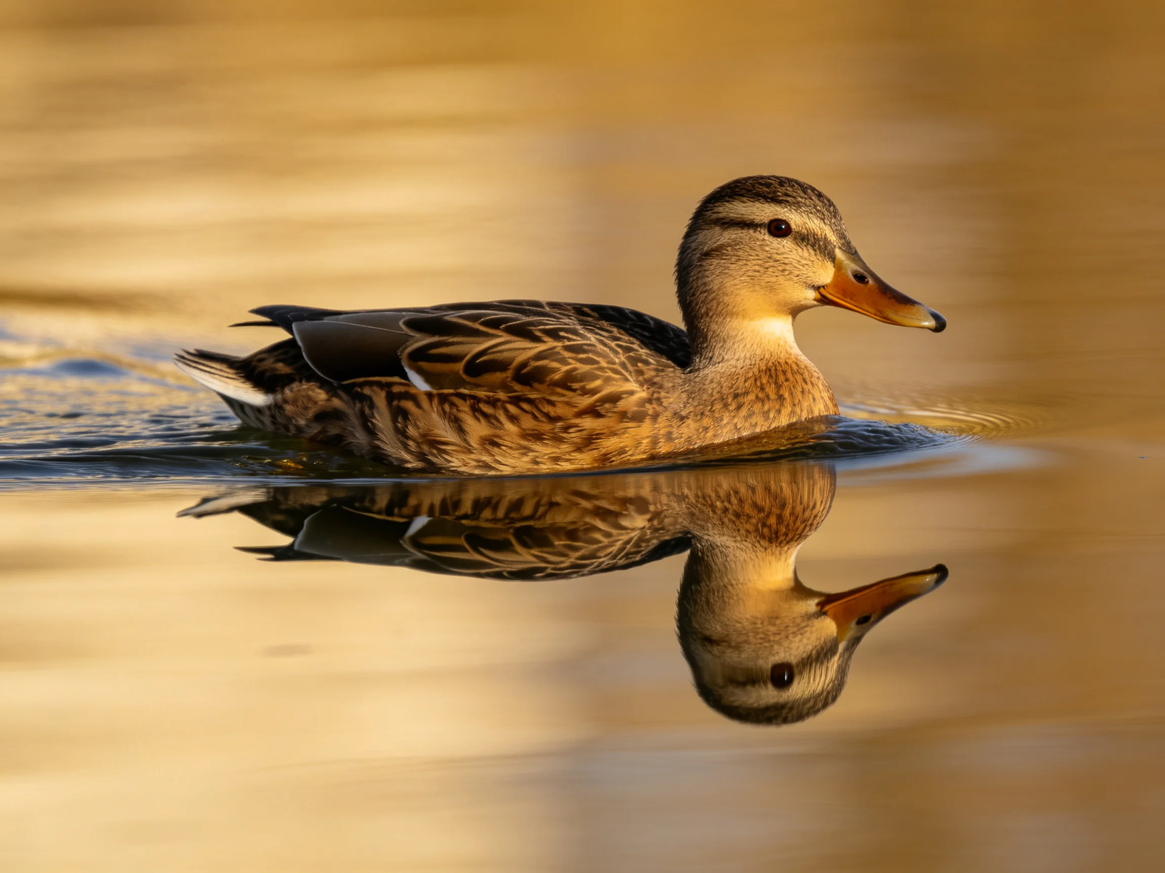 A brown duck glides on calm water with golden reflections