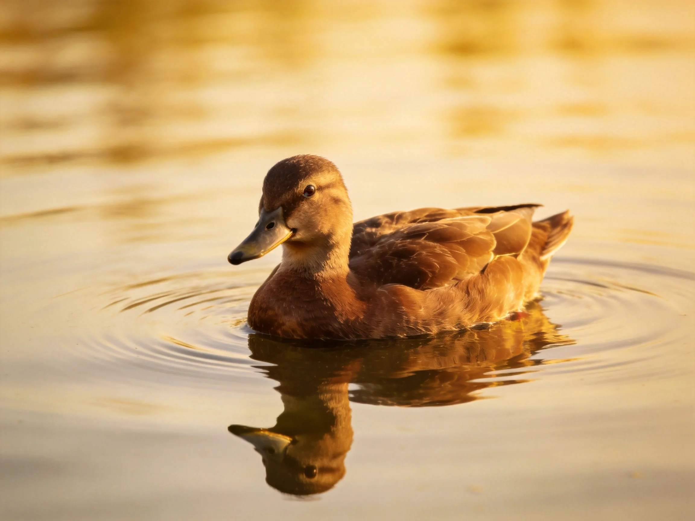 A brown duck glides on golden-hued water with a clear reflection