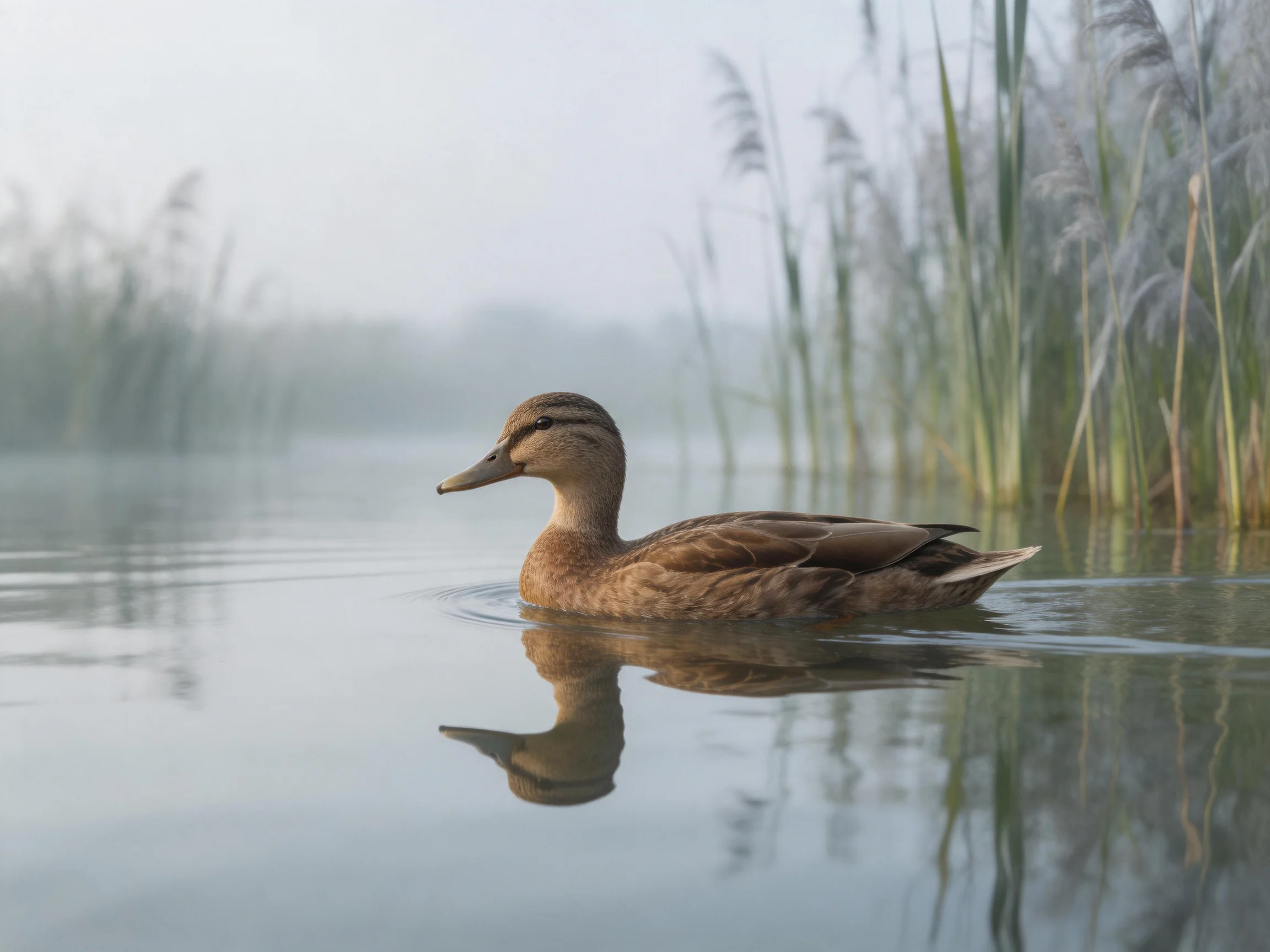 A brown duck gliding through calm, reflective water near tall reeds