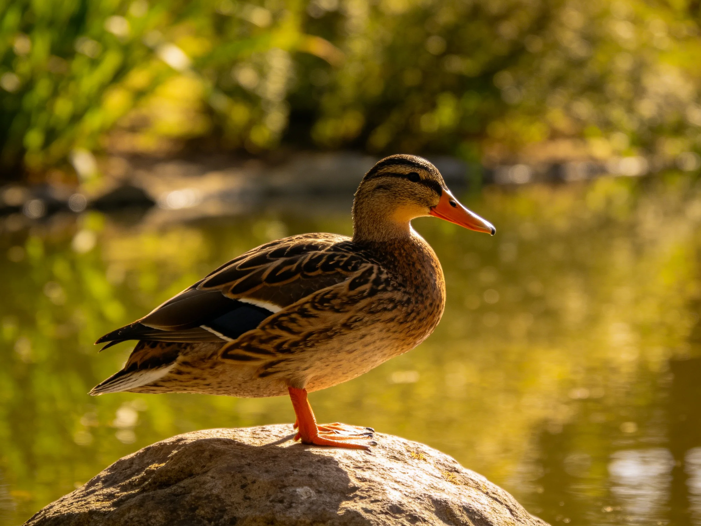 A brown duck perched on a rock by calm water