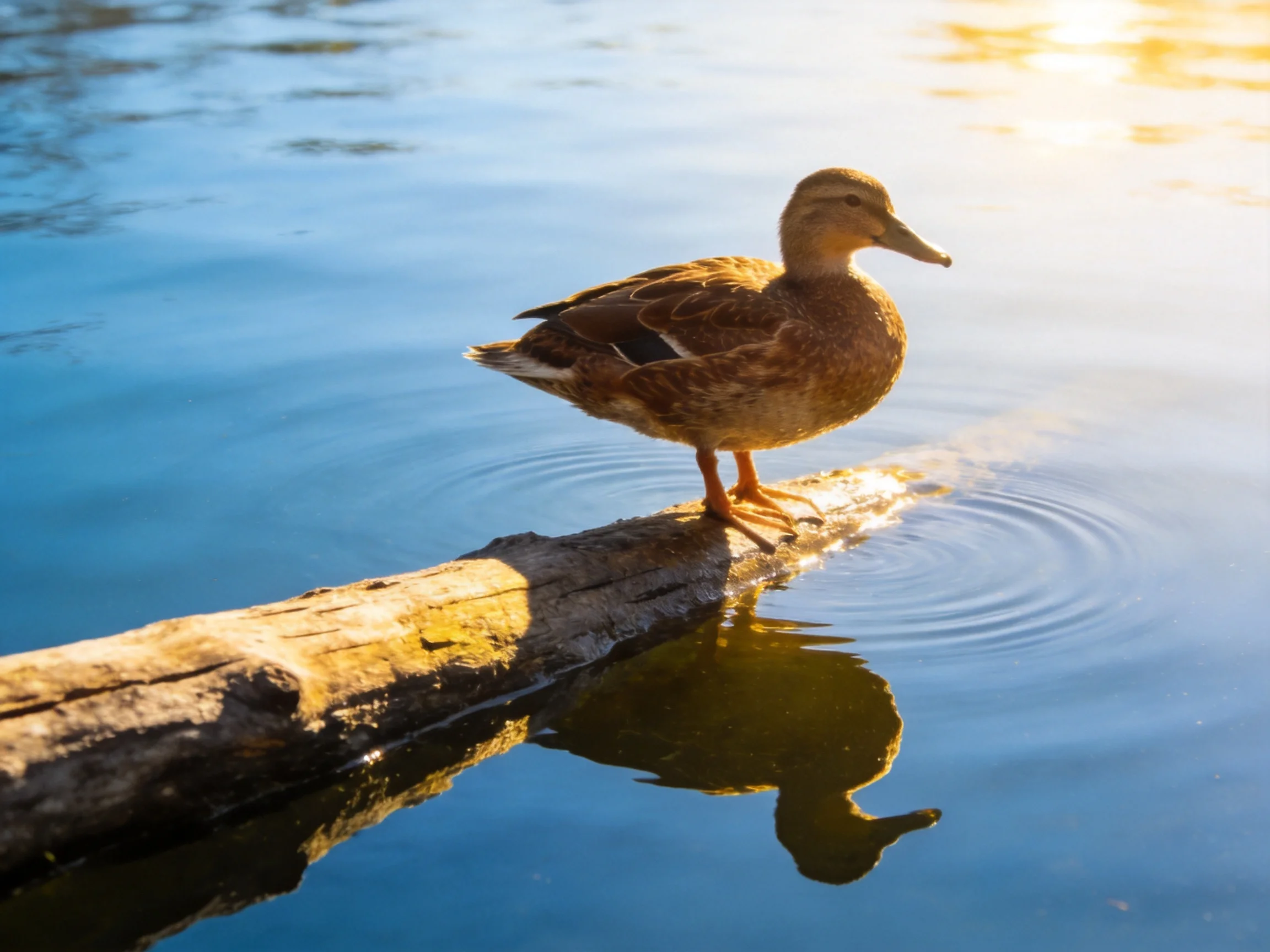 A brown duck perched on a weathered log over calm blue water