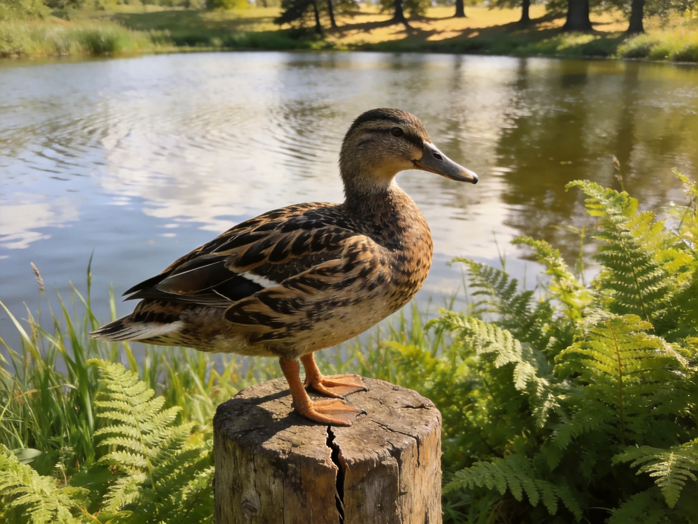 A brown duck perched on a weathered tree stump by a calmpond