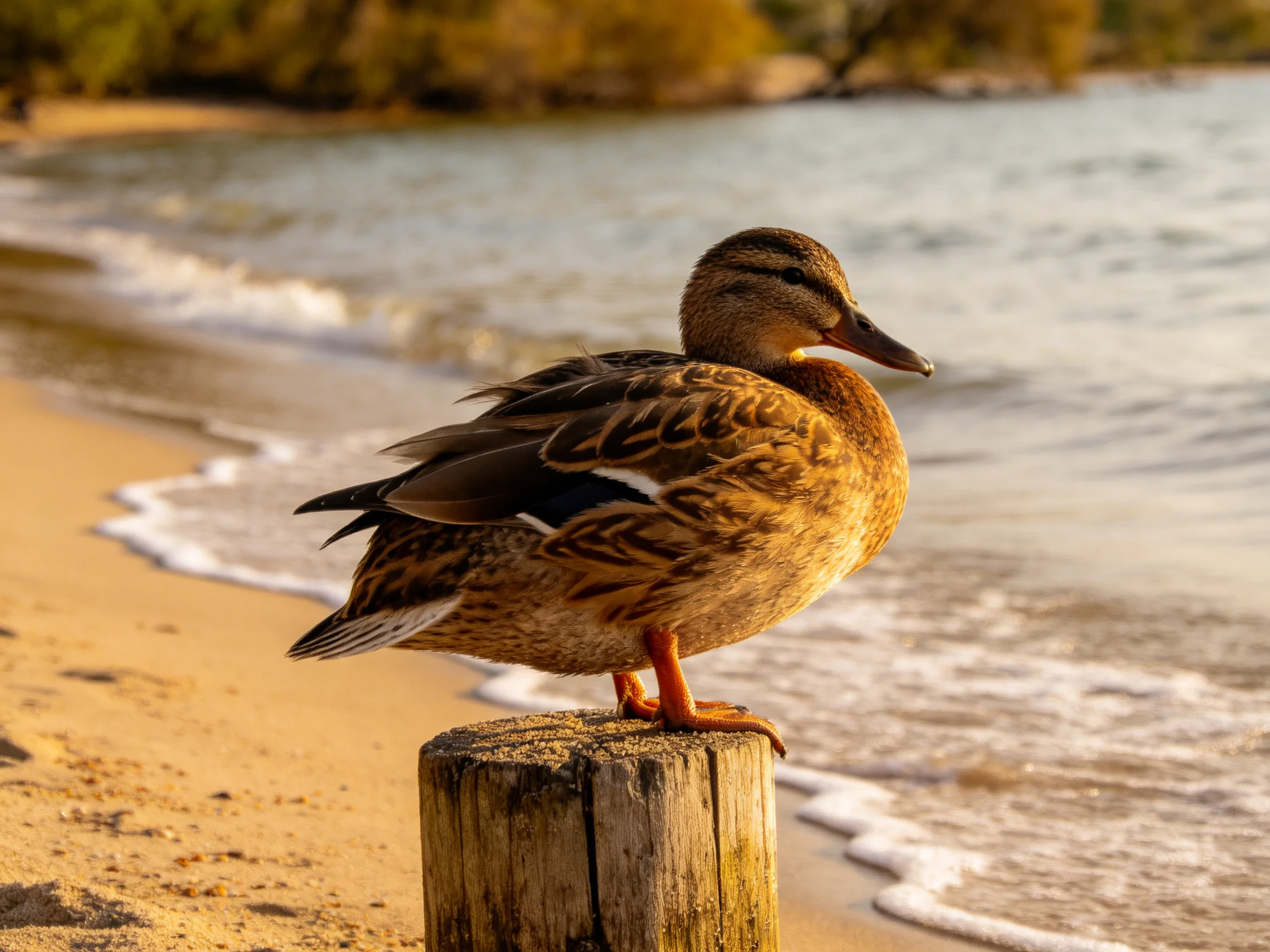 A brown duck perches on a weathered wooden post by a sandy shoreline