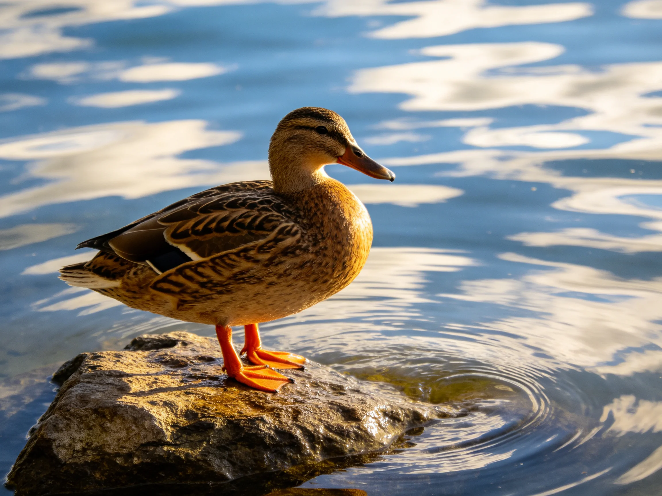 A brown duck perches on a wet rock by calm, rippling water