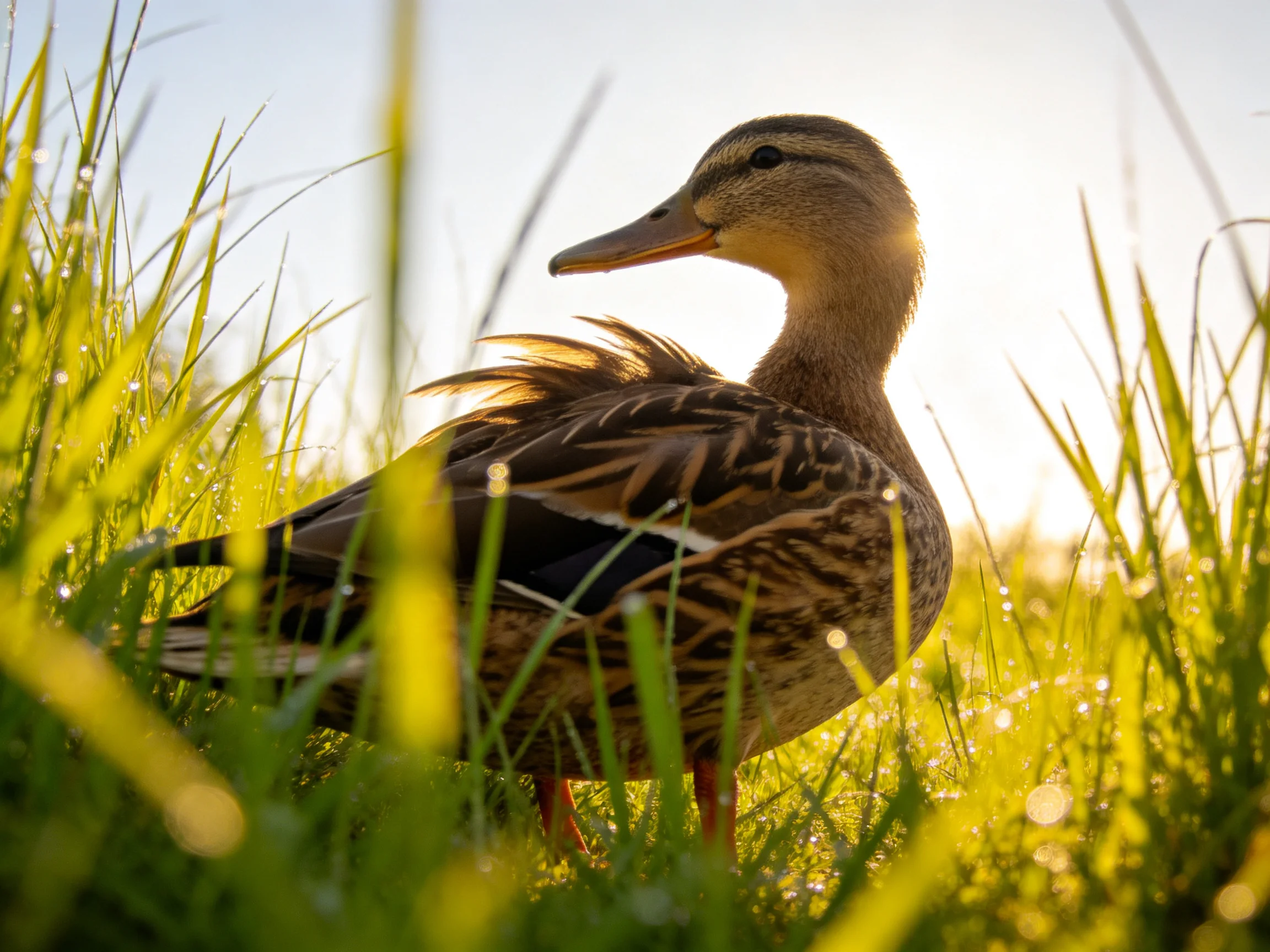 A brown duck rests among tall dewy green grass under golden sunlight