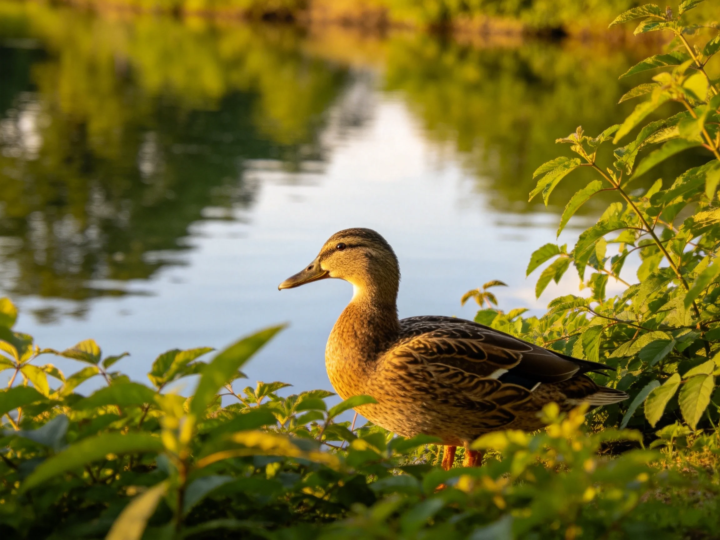 A brown duck rests by calm waters amid lush green foliage