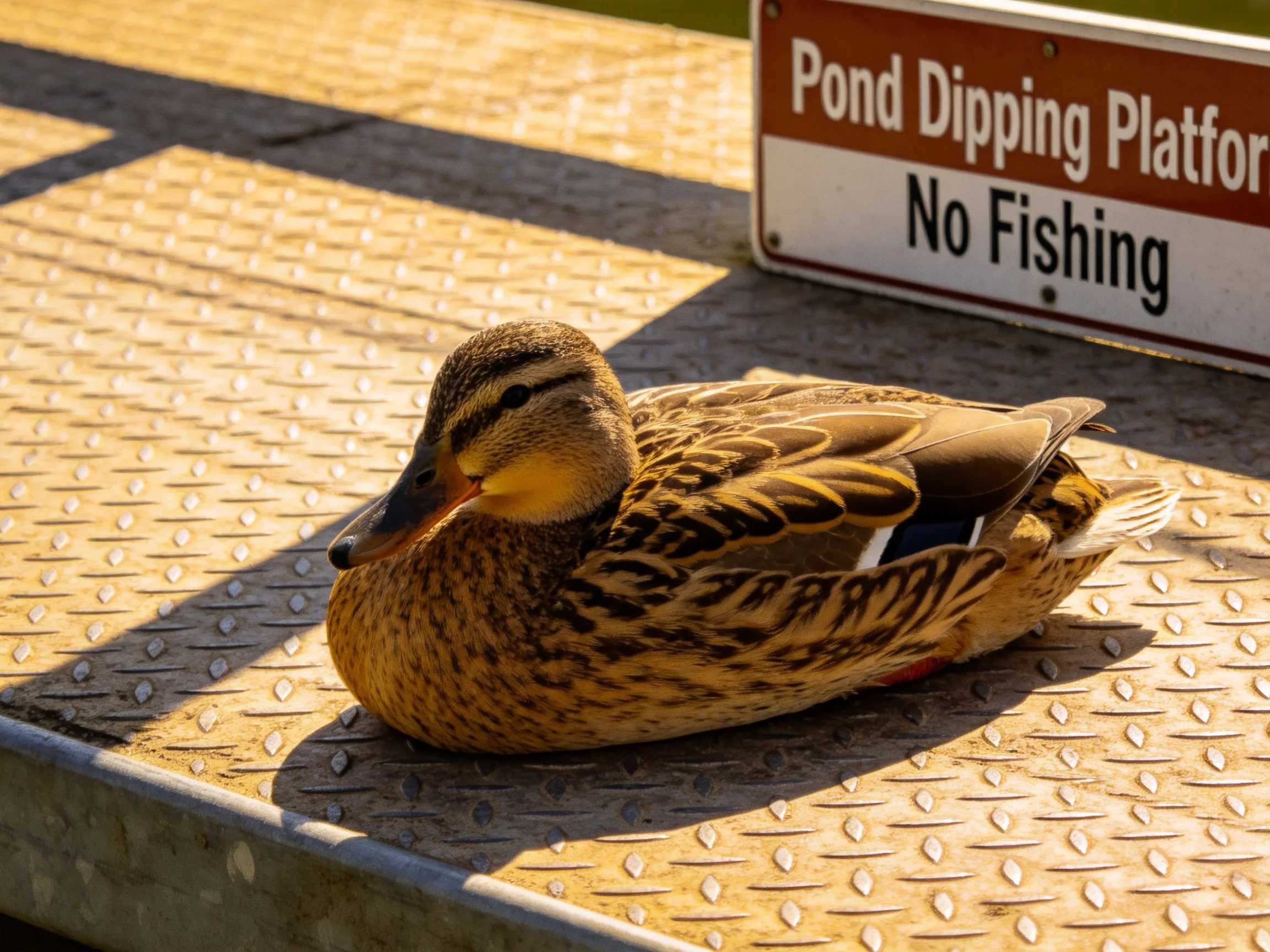 A brown duck rests on a diamond-patterned metal platform beside a No Fishing sign