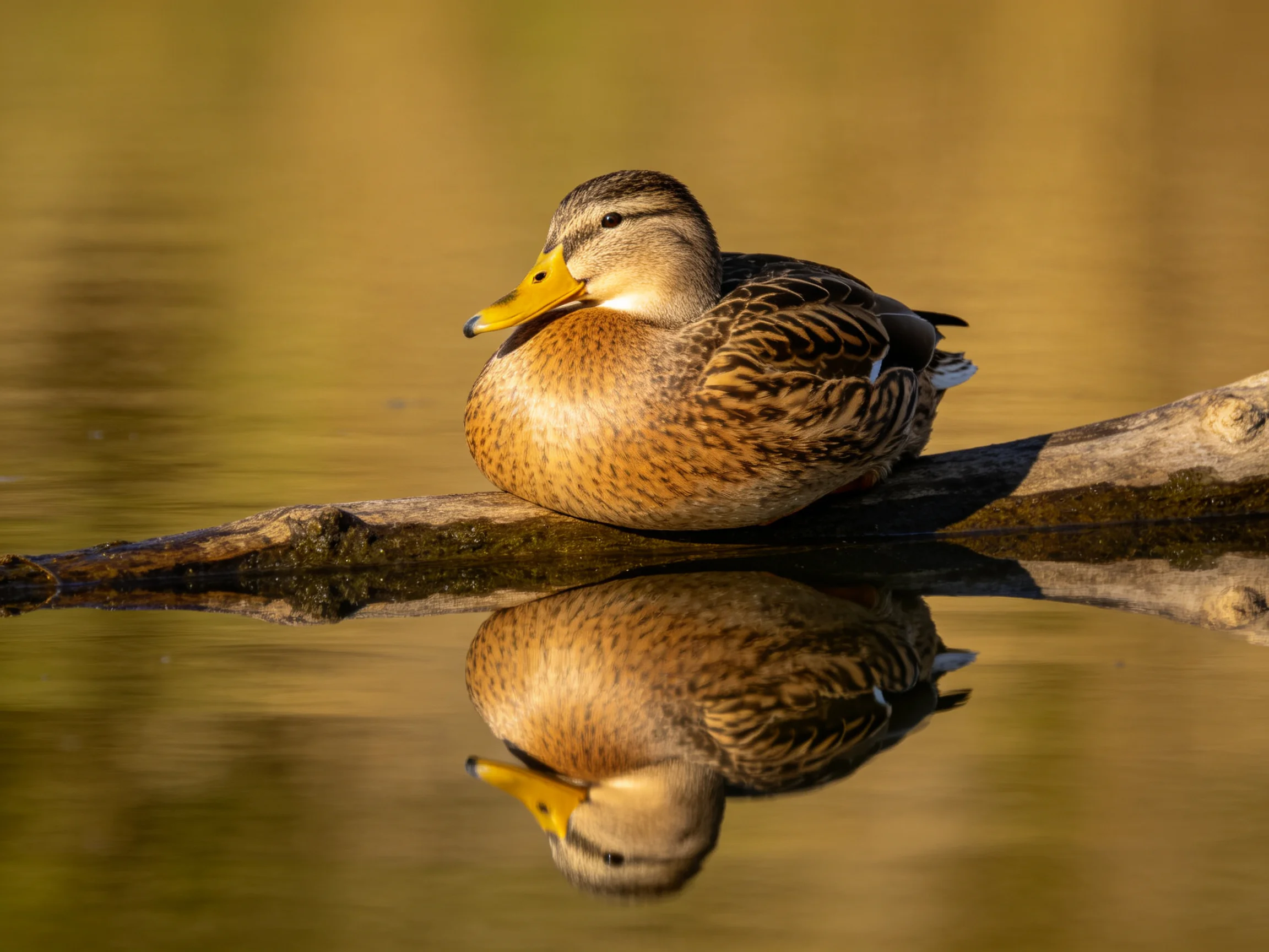 A brown duck rests on a weathered log with a clear water reflection