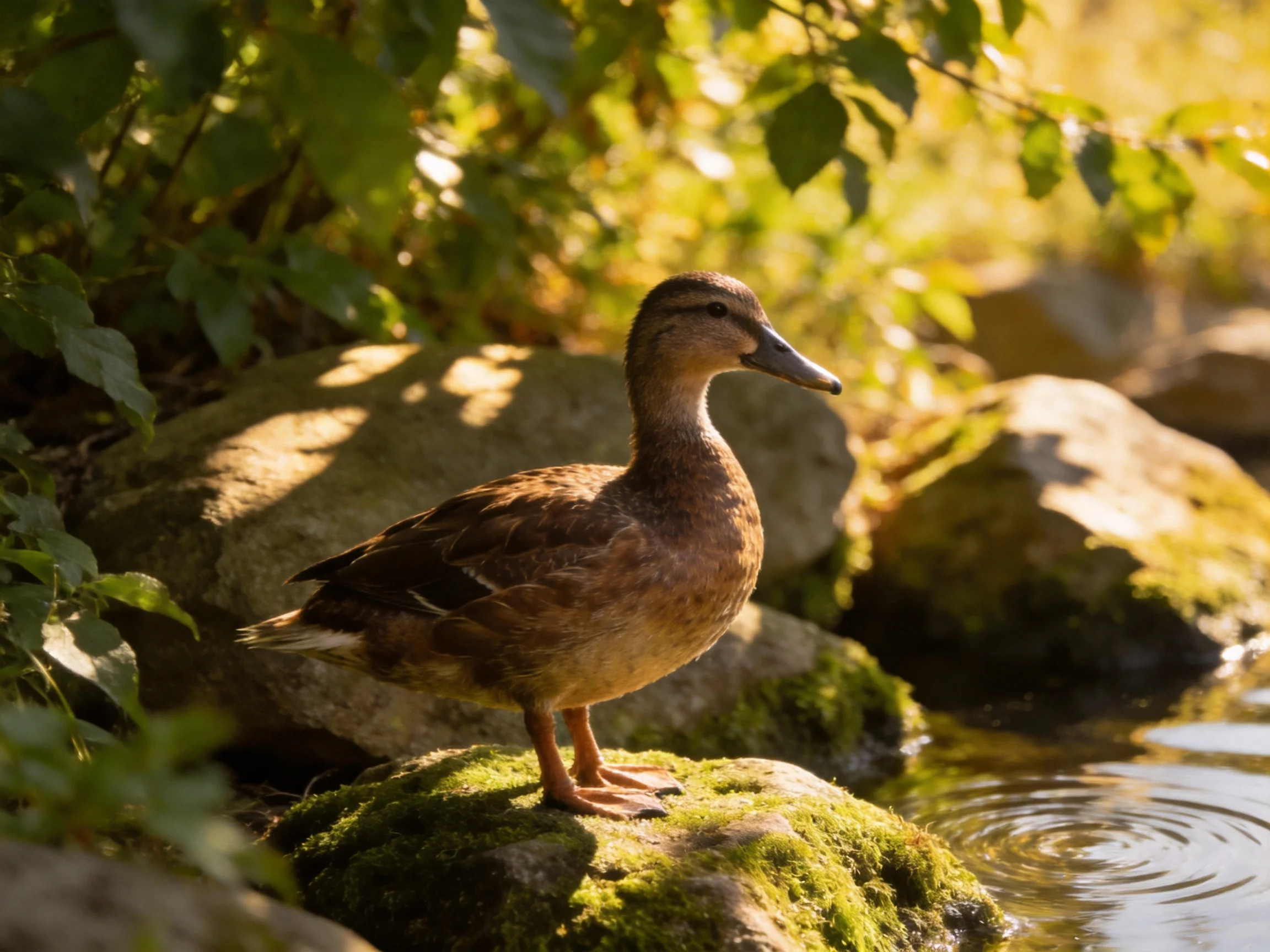 A brown duck rests on mossy rocks by a sunlit waterway