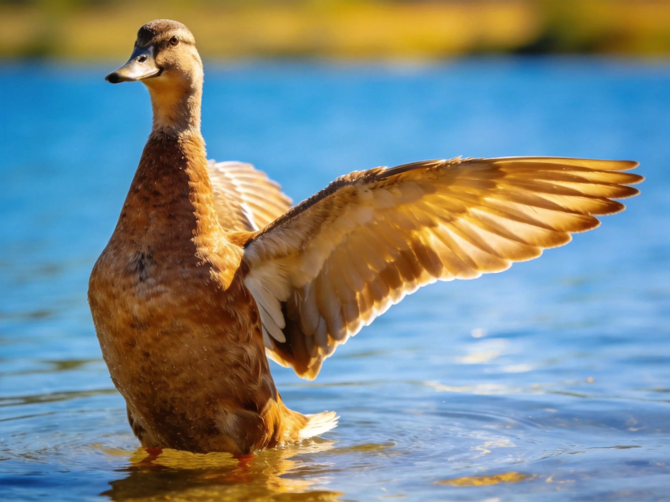 A brown duck spreads its wings while standing in calm blue water.