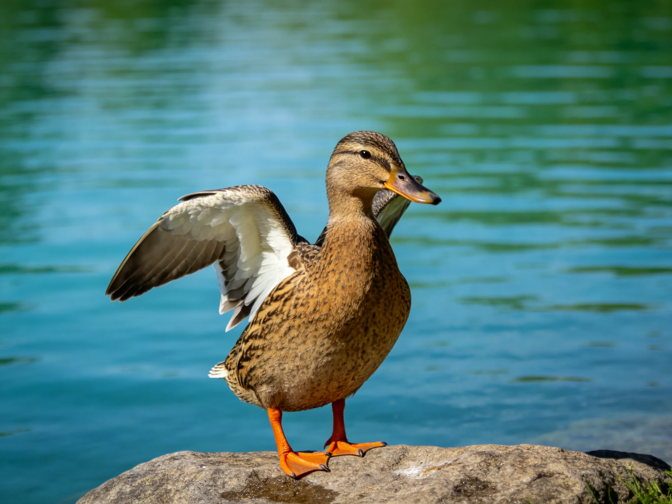A brown duck spreading wings atop a rock by calm blue-green water