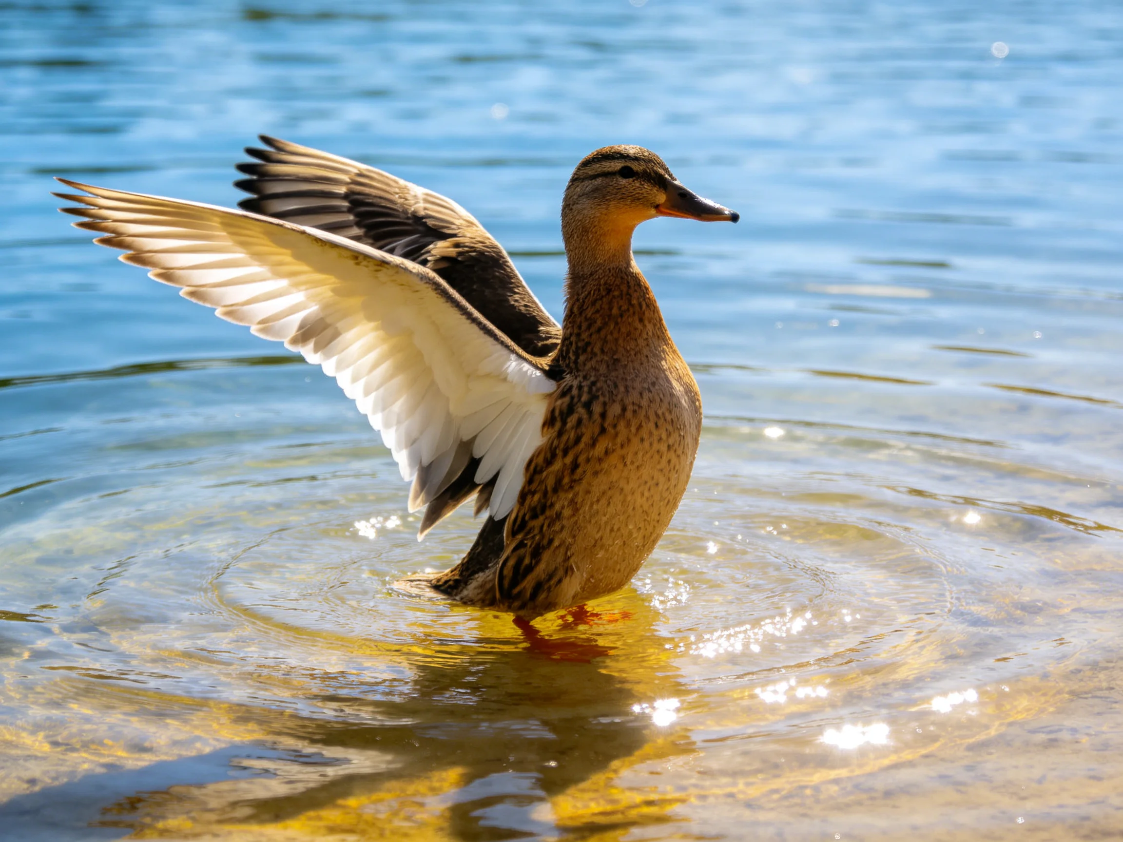 A brown duck spreading wings in clear blue water