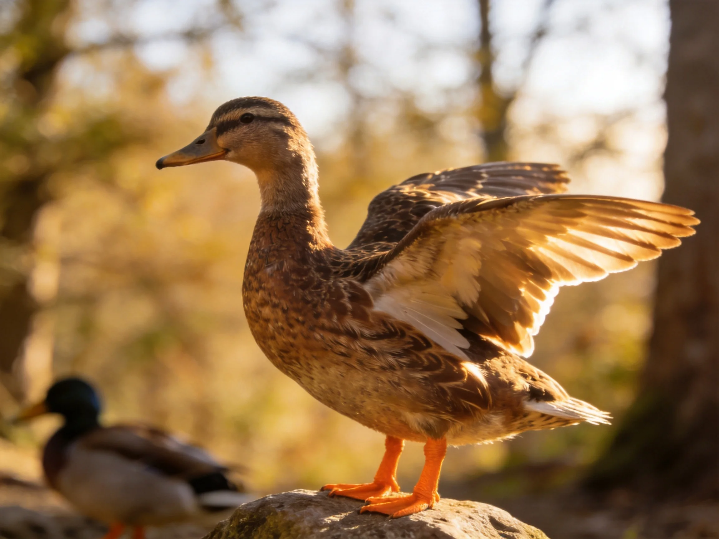 A brown duck spreading wings on a rock near a dark-headed duck