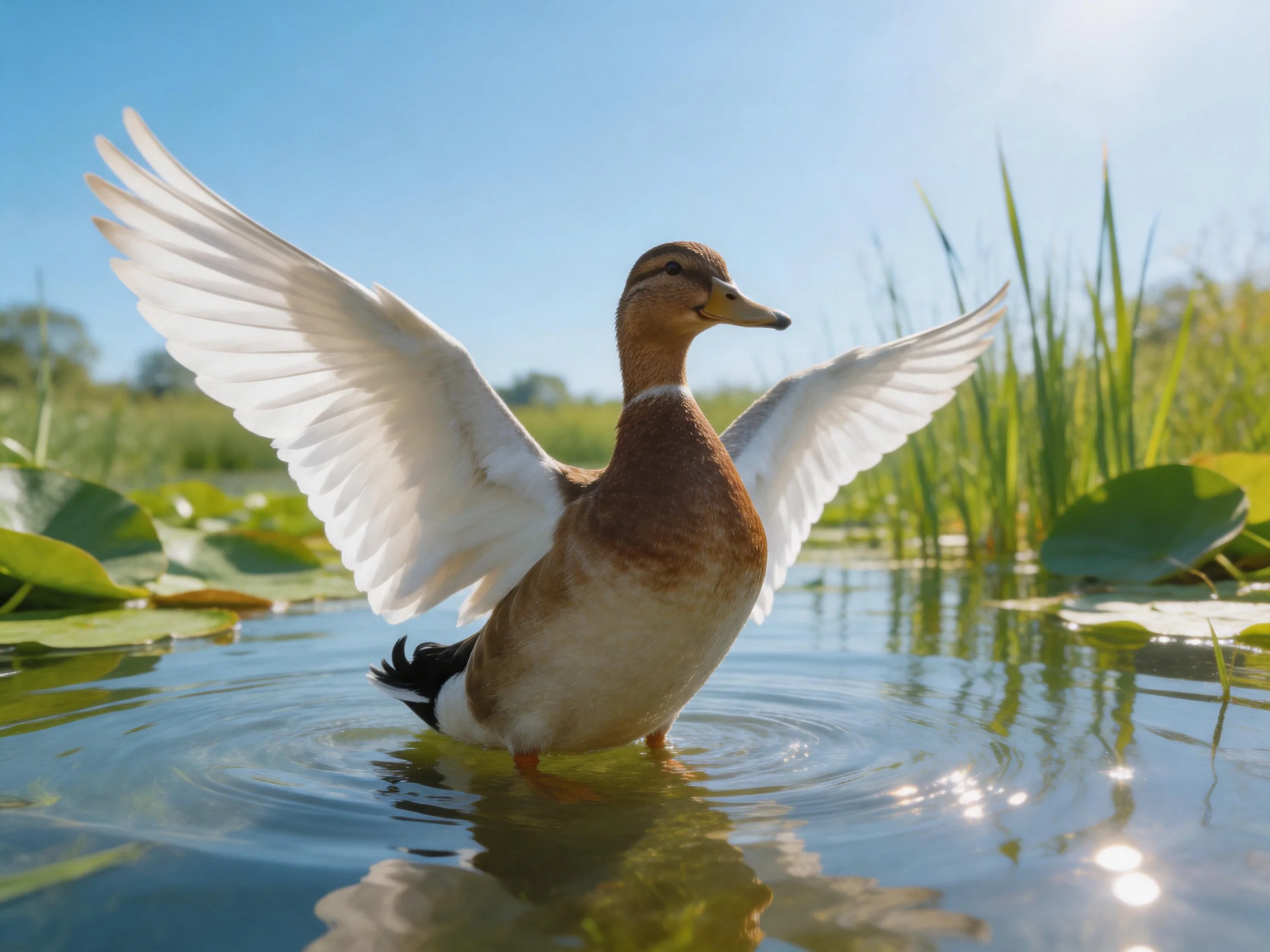 A brown duck spreads white wings in calm water near green reeds