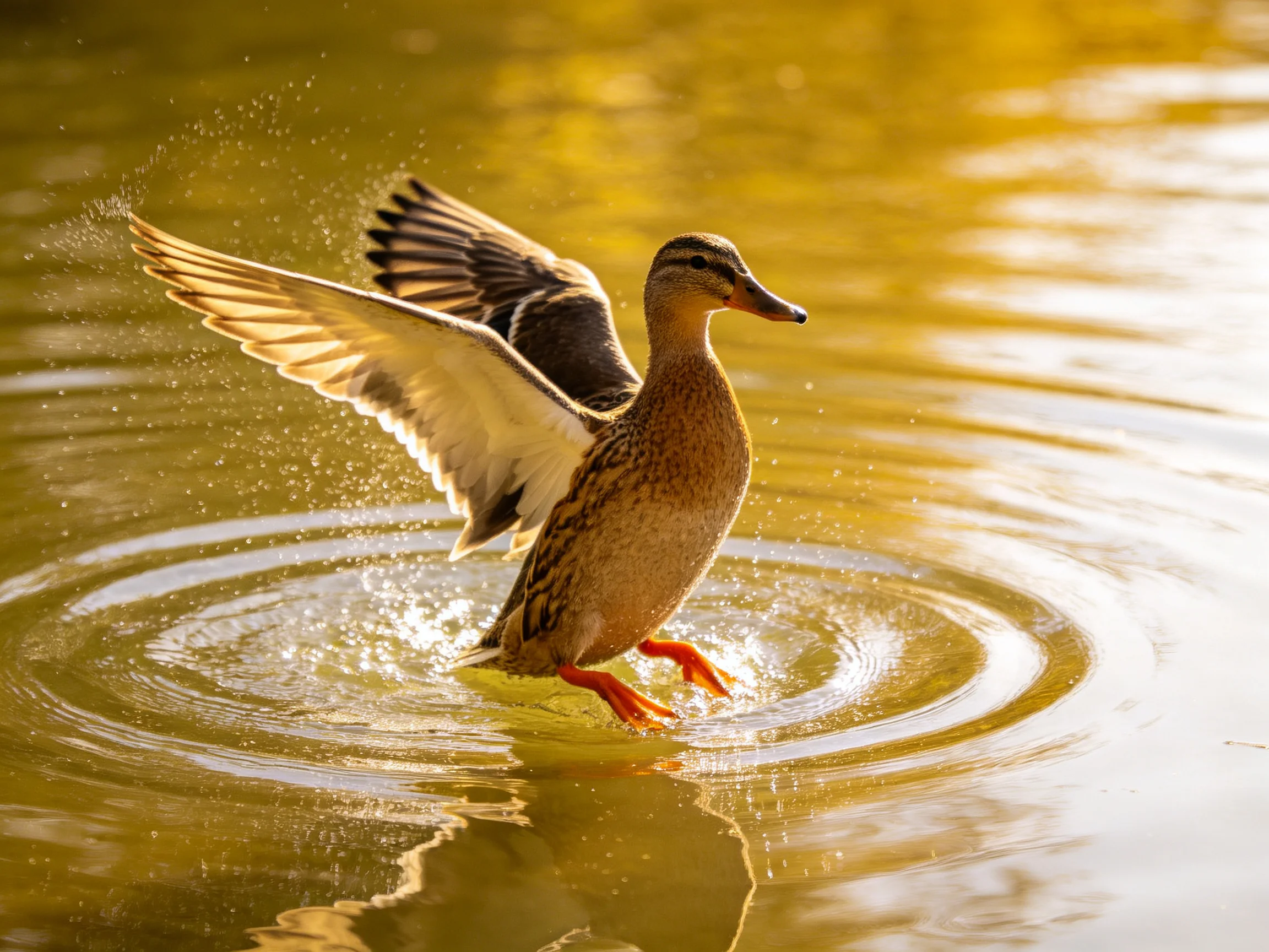 A brown duck spreads wings in golden water with splashing droplets