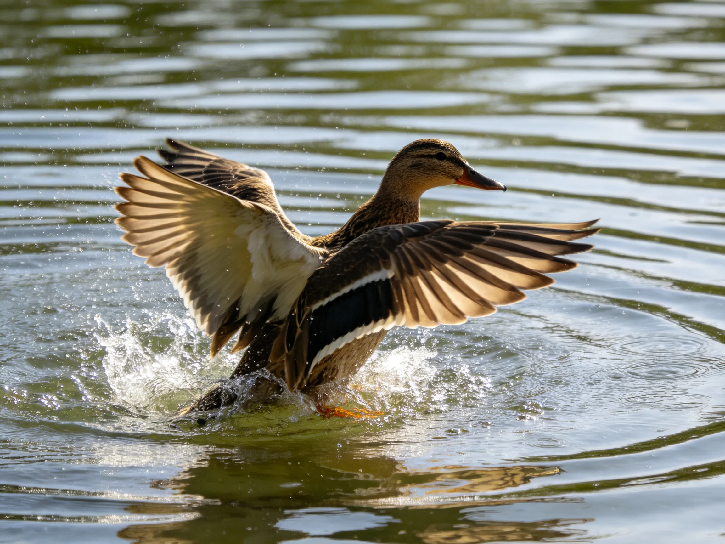 A brown duck spreads wings in rippling green water