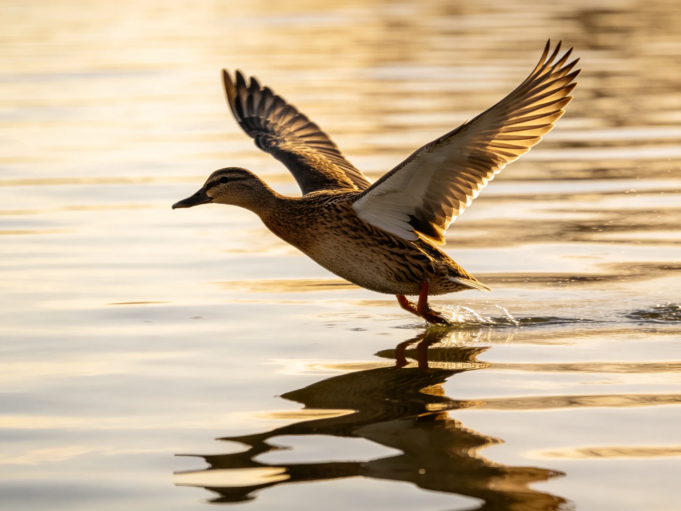 A brown duck spreads wings landing on reflective water