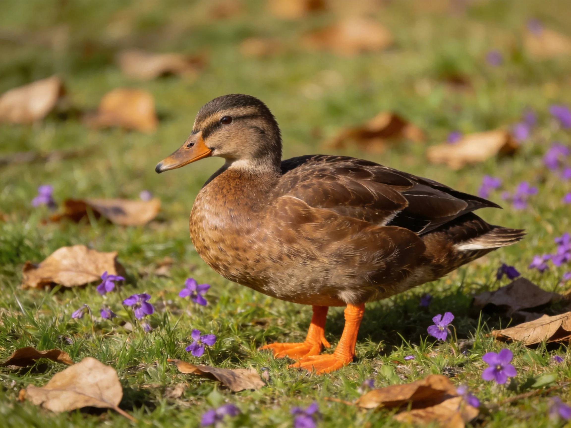 A brown duck stands among purple flowers and dry leaves on green grass